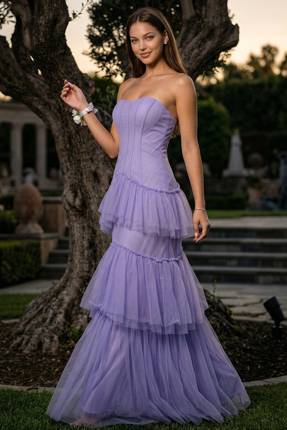 Layered Mesh Ruffled Mermaid Maxi Dress