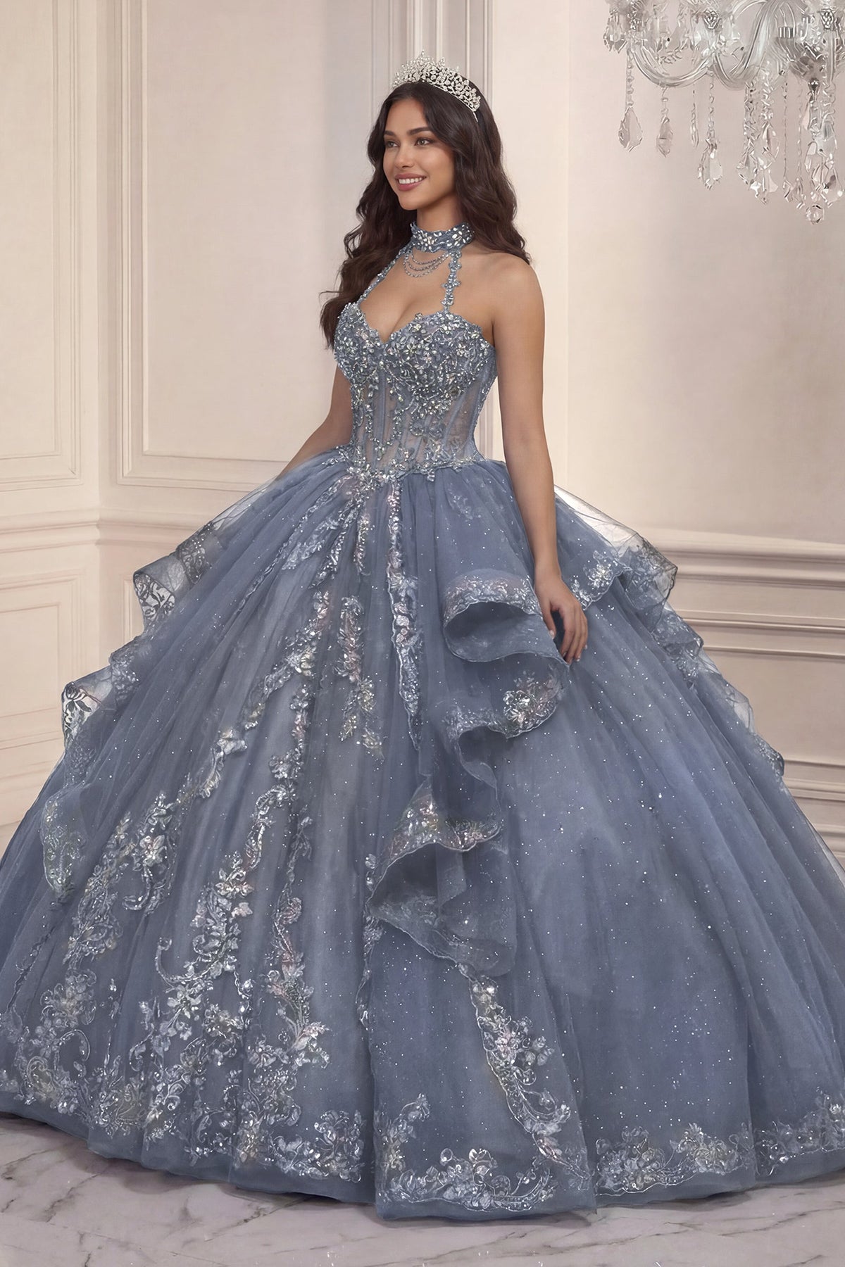 Beaded Halter Ruffled Ball Gown | Ladivine 15741
