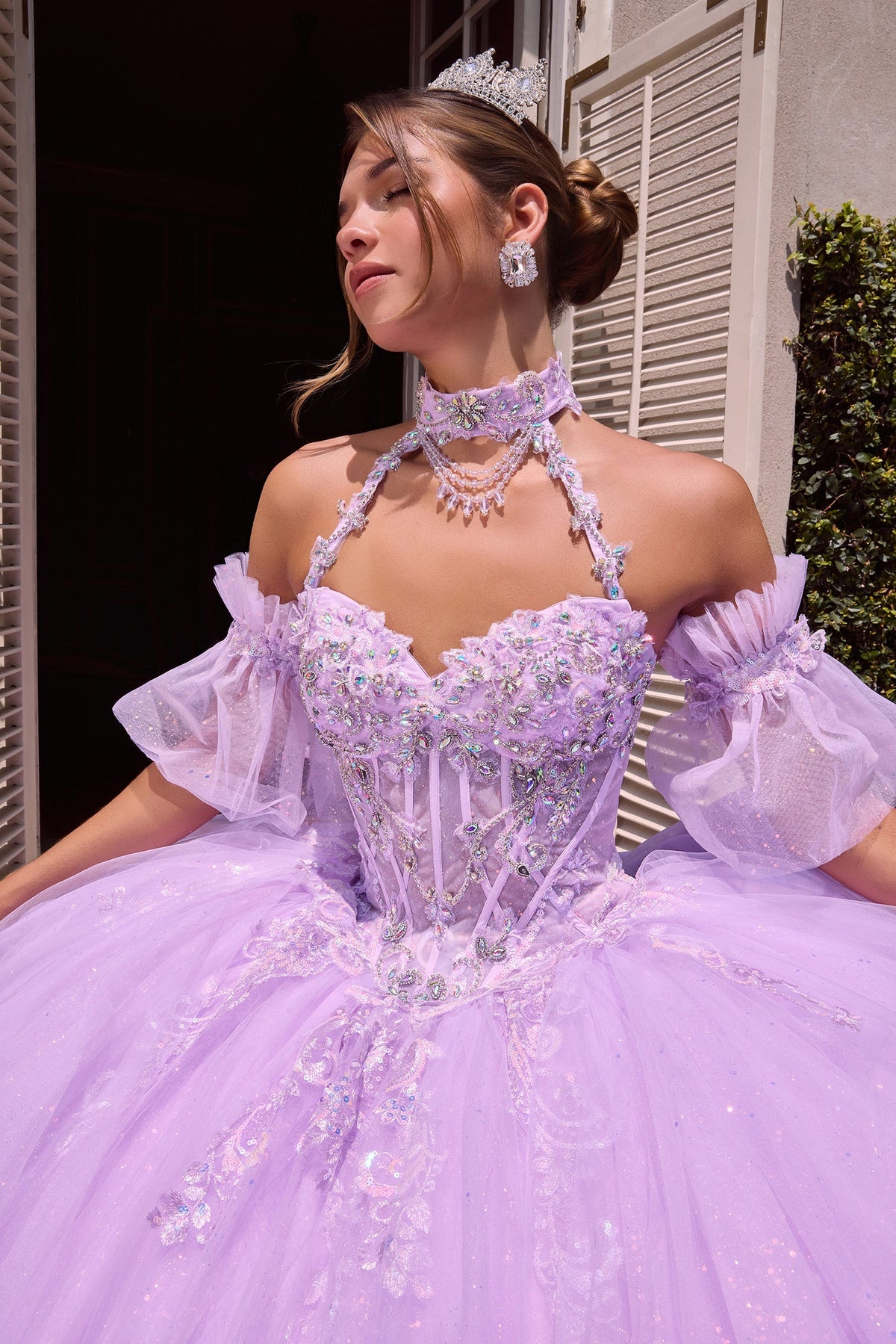Beaded Halter Ruffled Ball Gown | Ladivine 15741