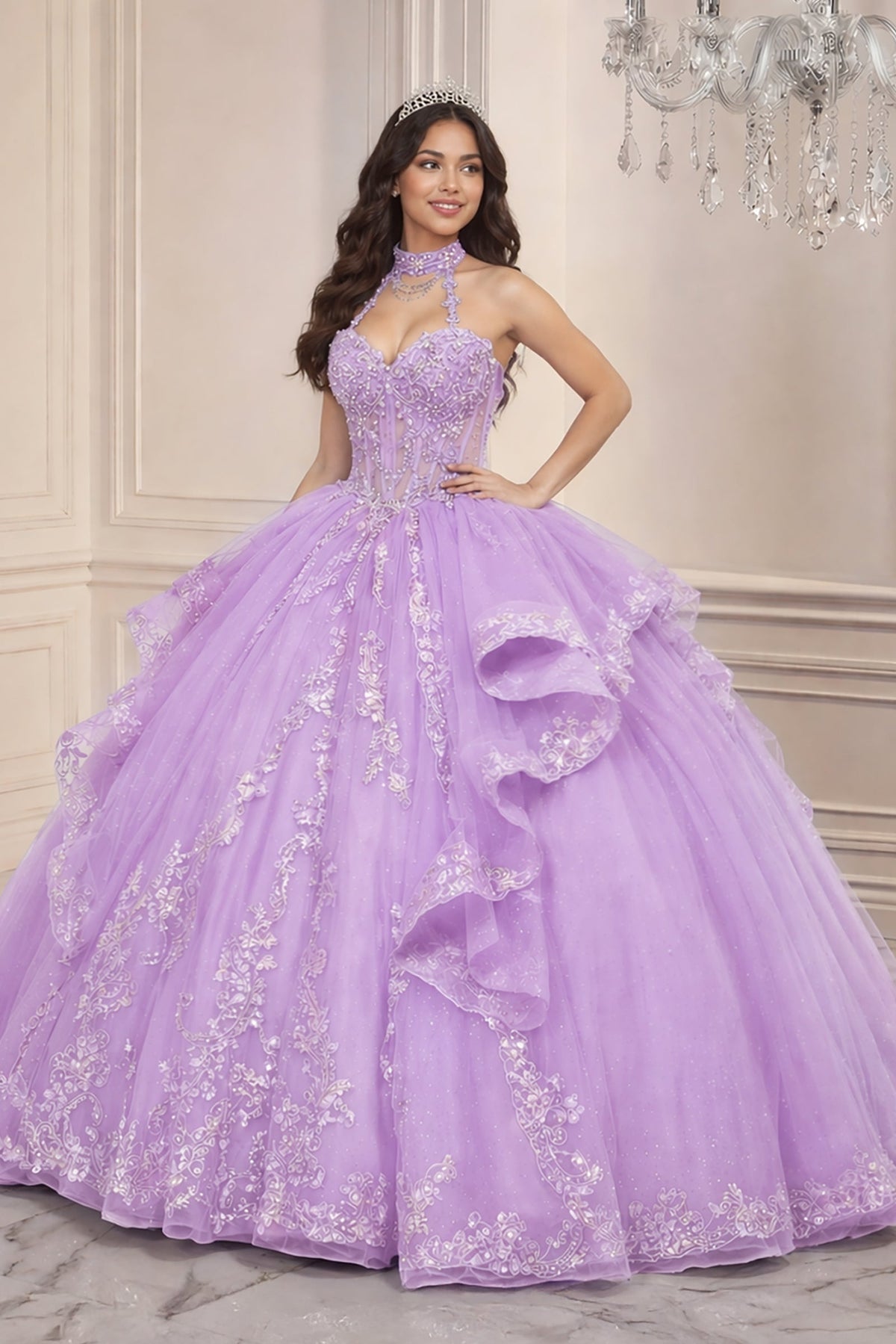 Beaded Halter Ruffled Ball Gown | Ladivine 15741