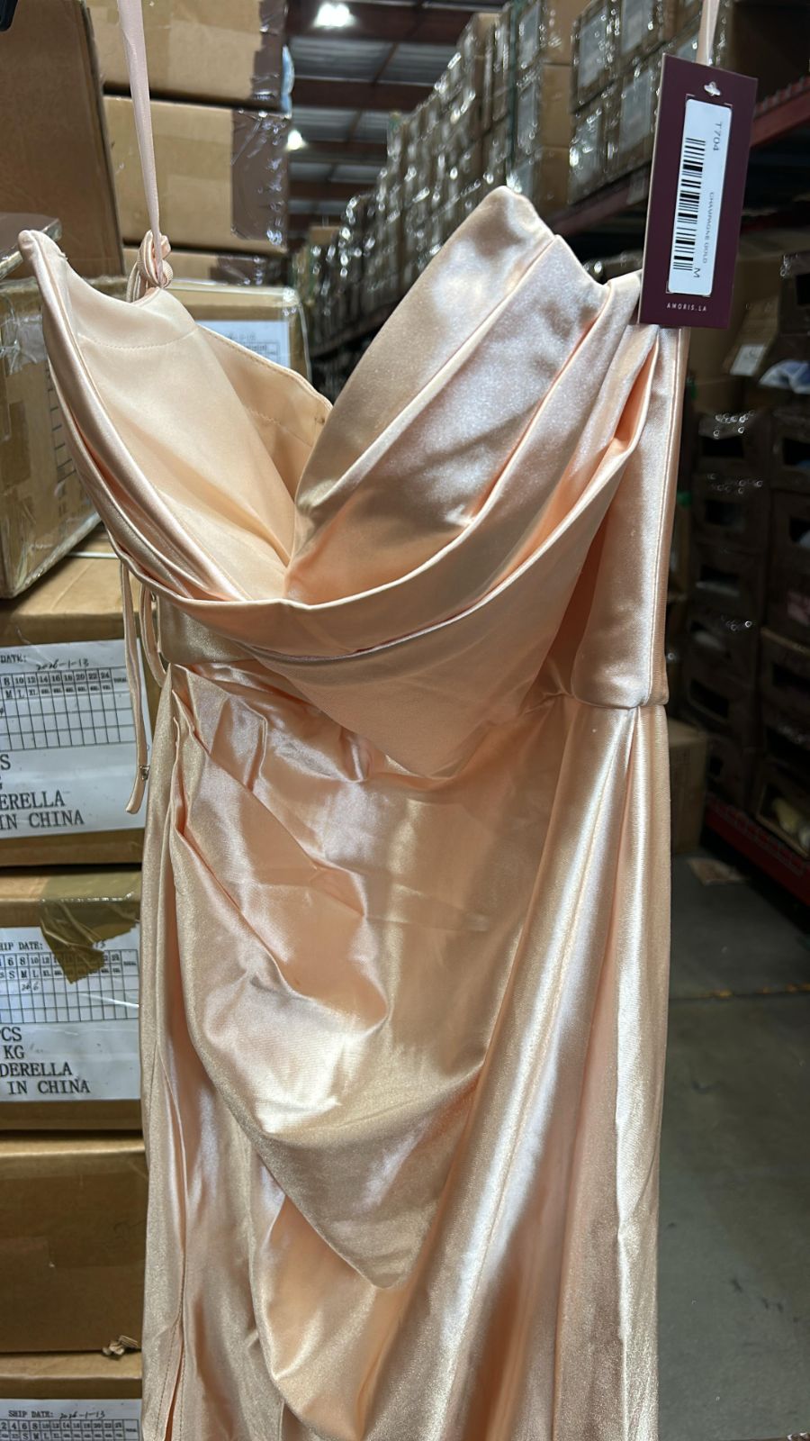 Satin Fitted Strapless Slit Gown by Amoris T704