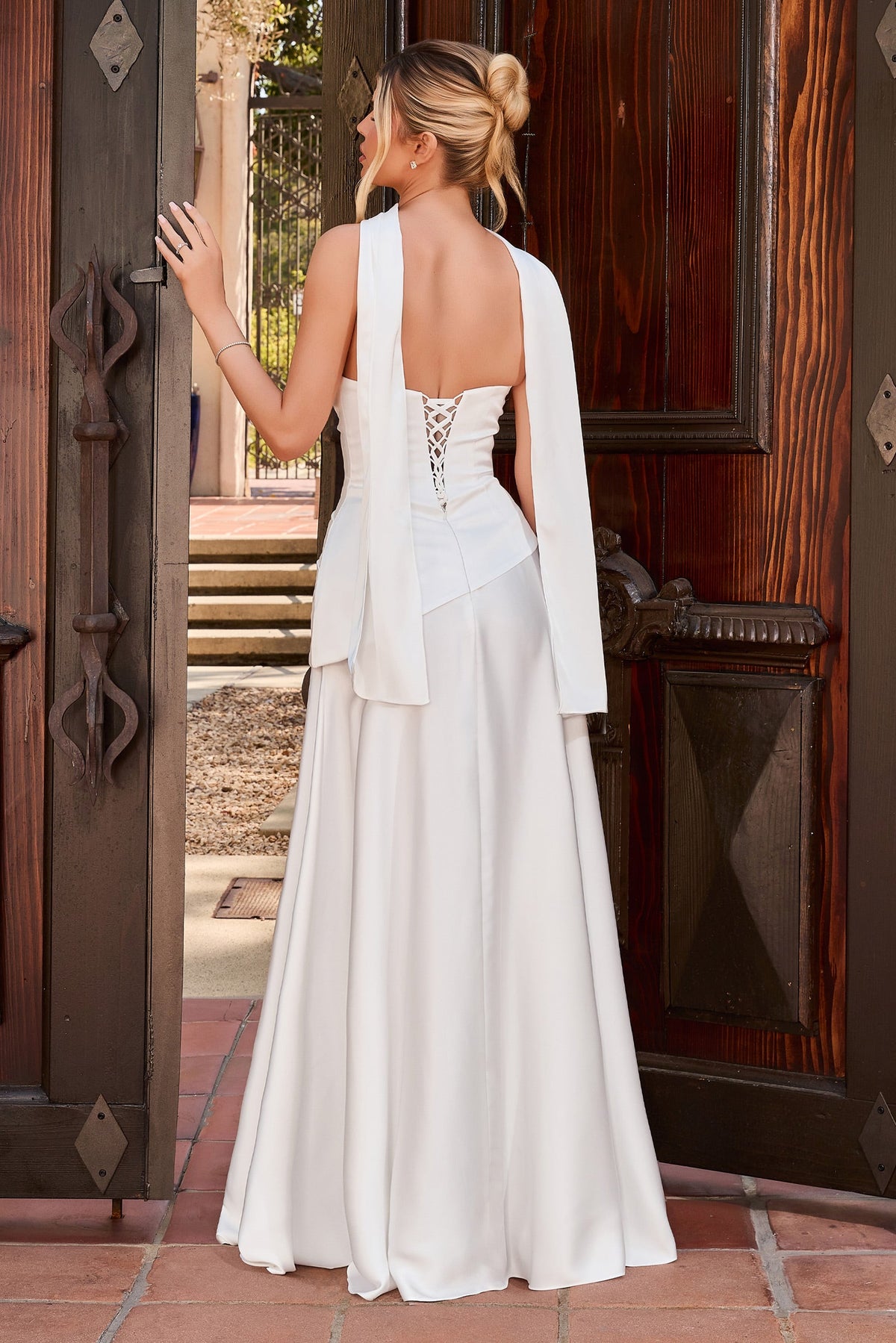 White Fitted Strapless Scarf Gown | Ladivine 7432W