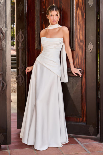 White Fitted Strapless Scarf Gown | Ladivine 7432W