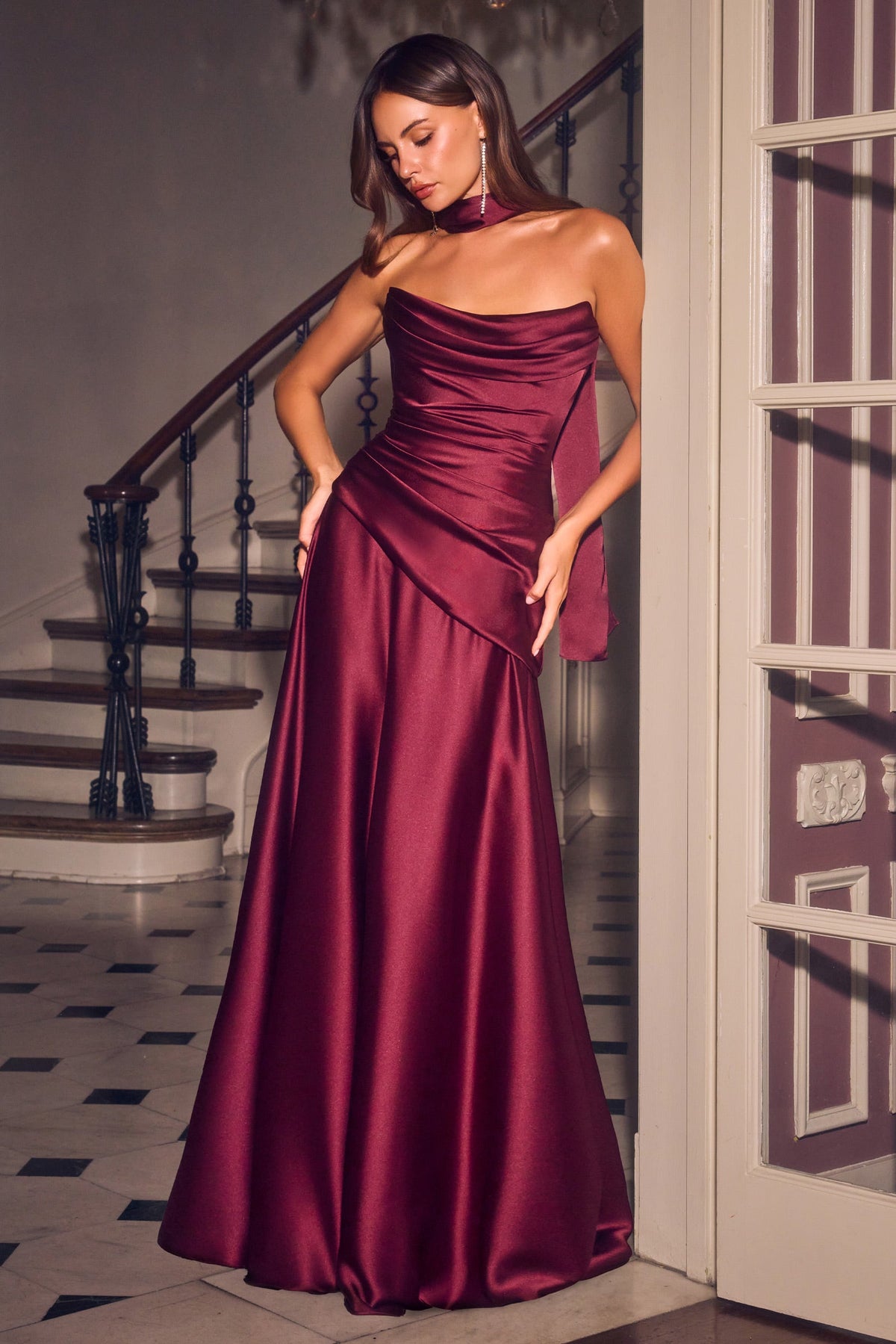 Satin Strapless Scarf A-Line Gown | Ladivine 7432
