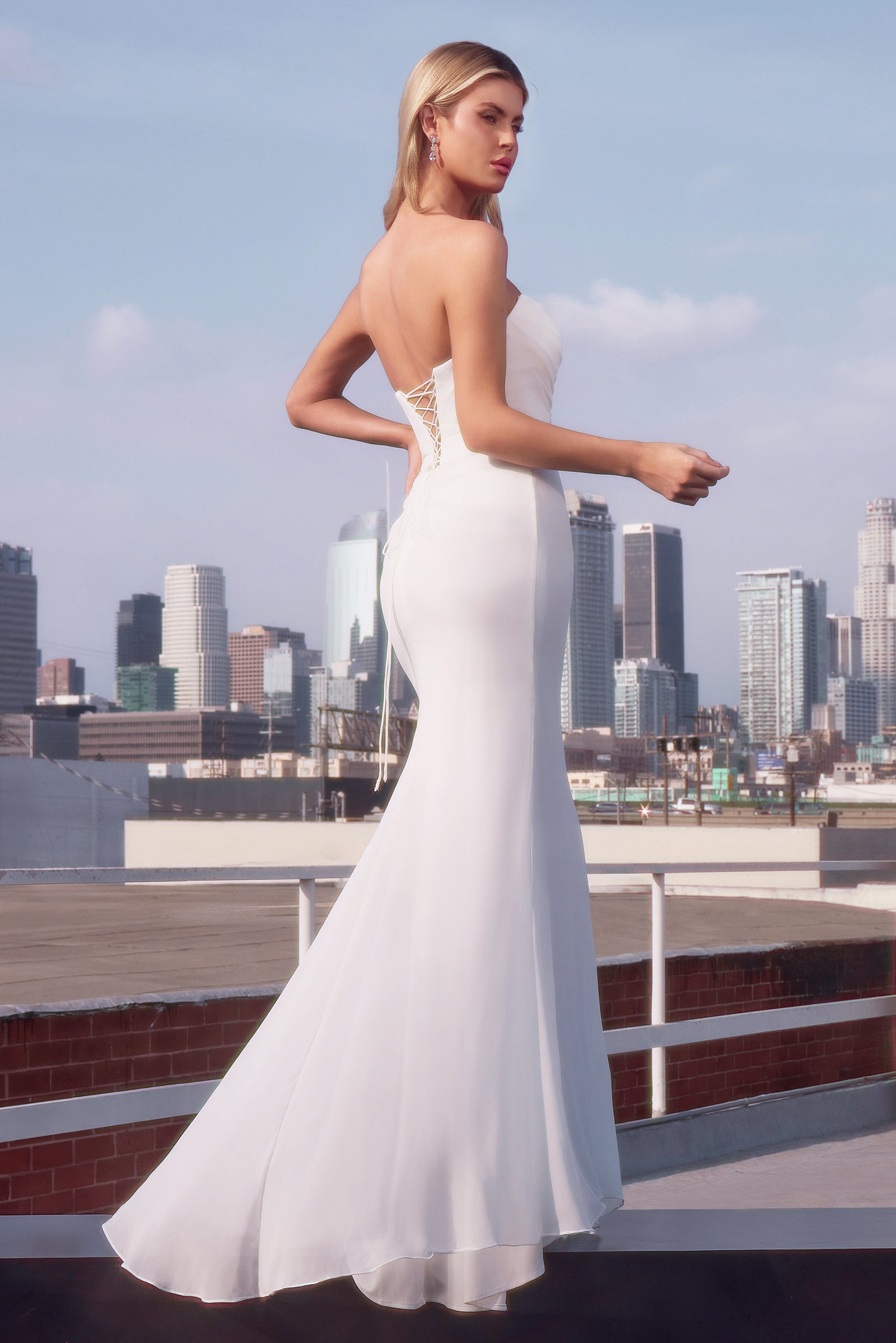 Chiffon White Strapless Gown by Ladivine 7434W Cinderella Divine