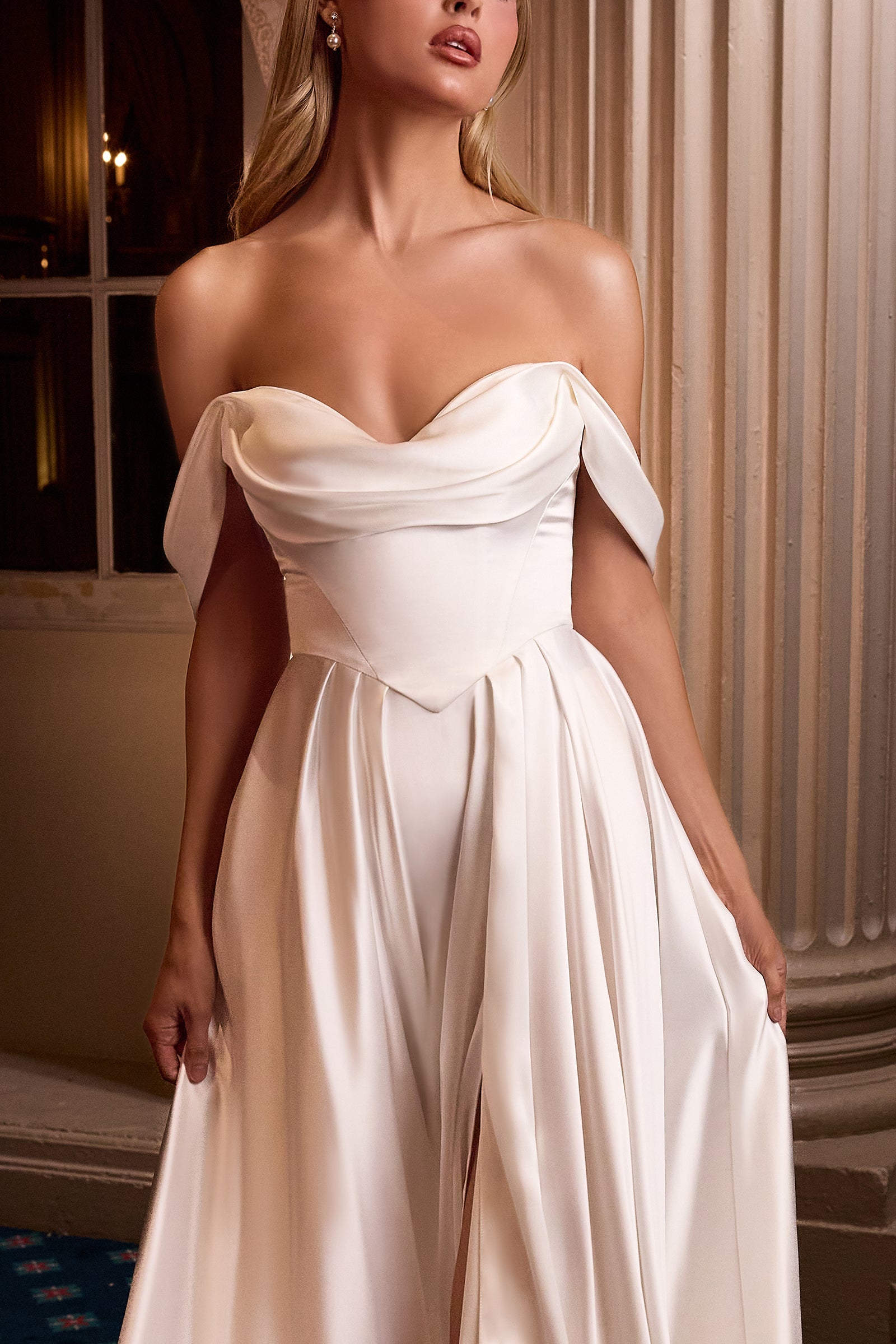 White Off Shoulder A-line Gown by Ladivine 7449W Cinderella Divine