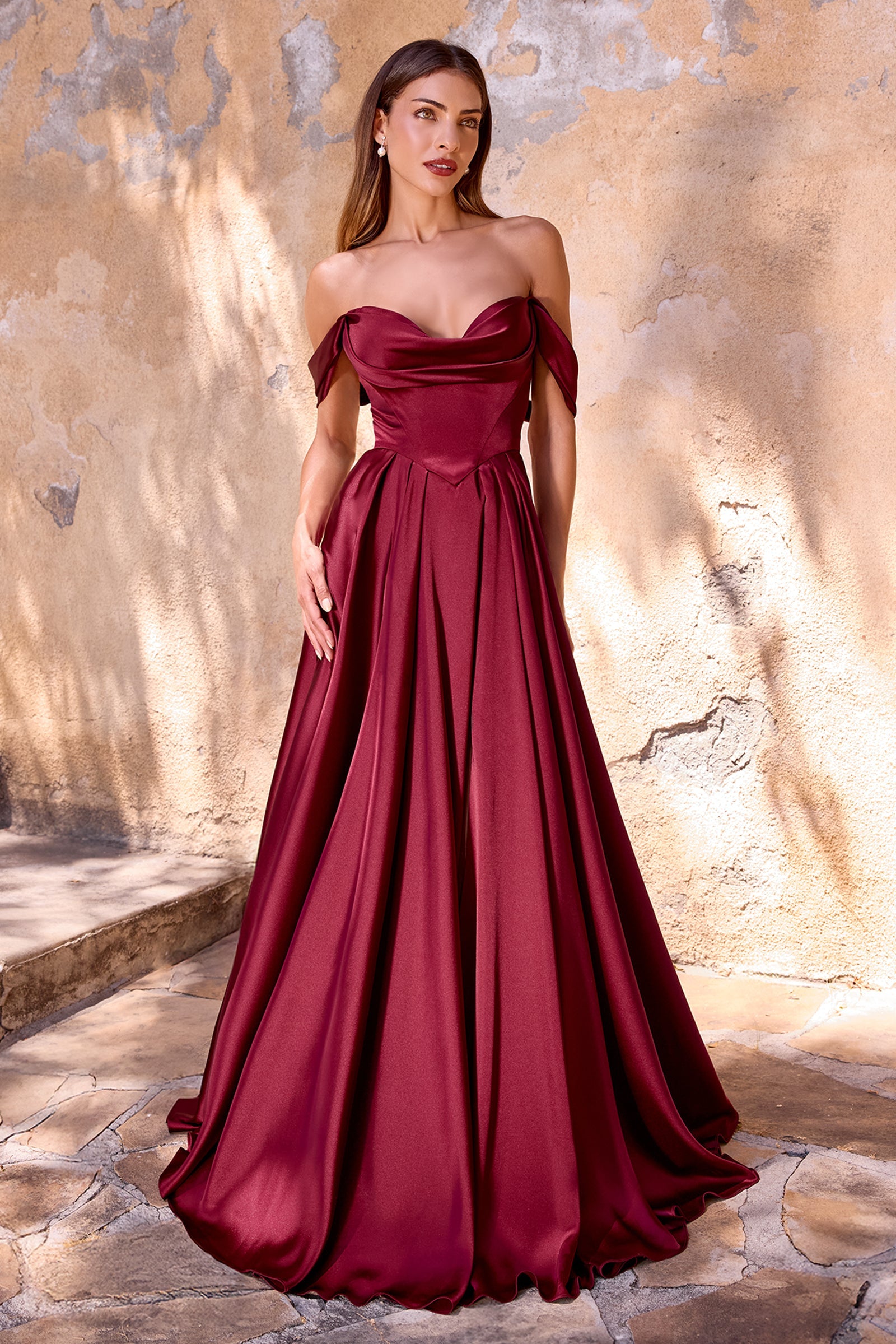 Satin Off Shoulder A-line Slit Gown by Ladivine 7449 Cinderella Divine
