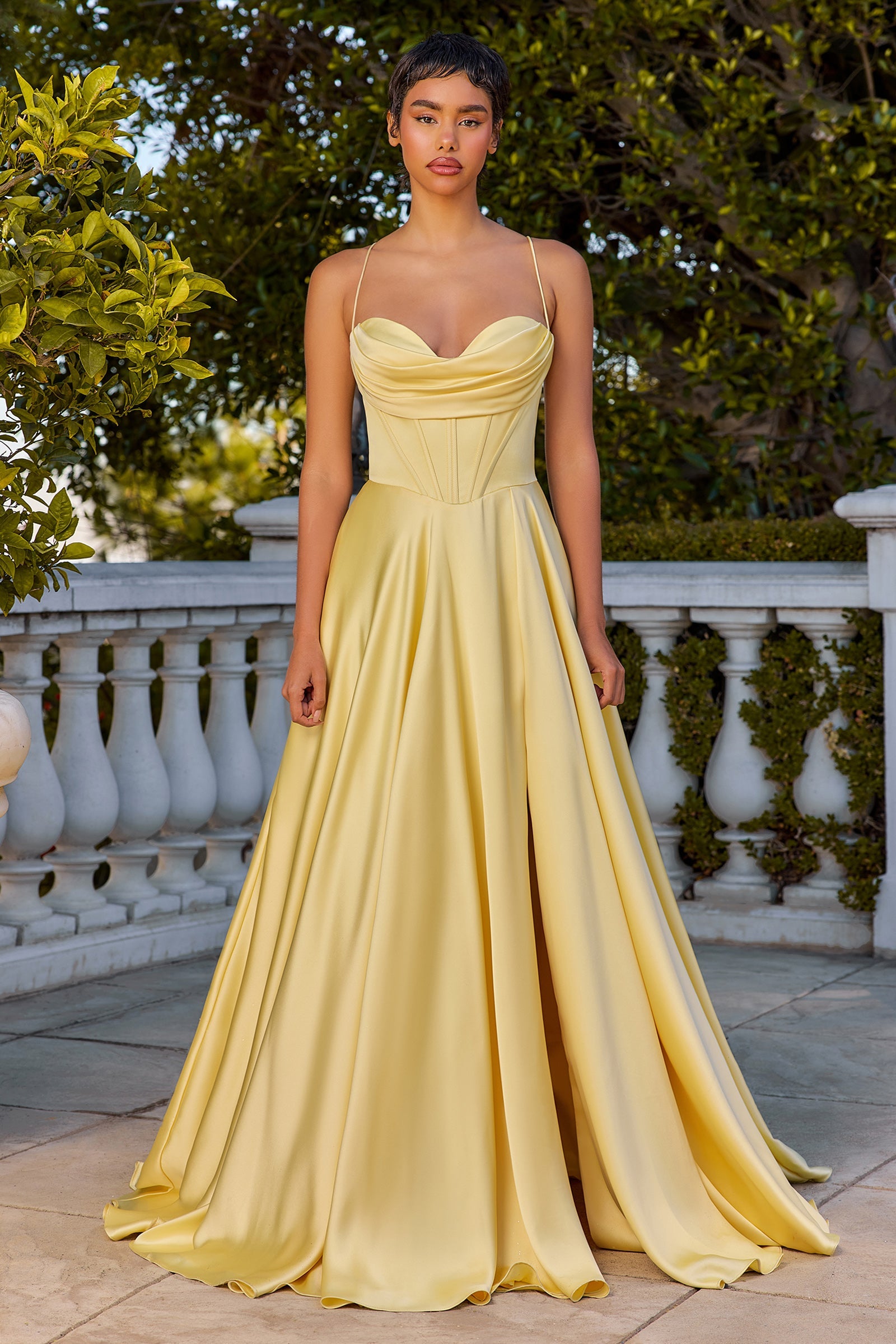Satin Cowl A-line Slit Gown by Ladivine 7481 Cinderella Divine