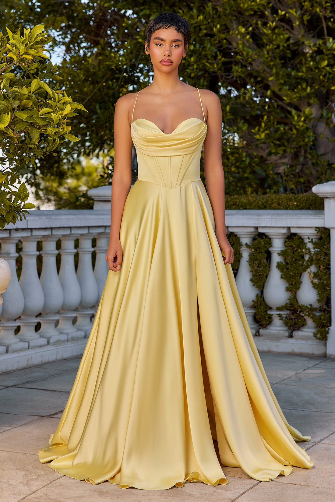 de satén Cowl A-Line Slit Gown | Ladivine by Cinderella Divine - Style LA7481