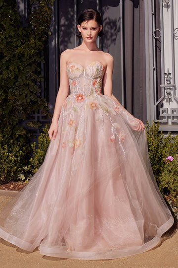 Abito Floral Applique Long Strapless in tulle | Andrea & Leo A1383
