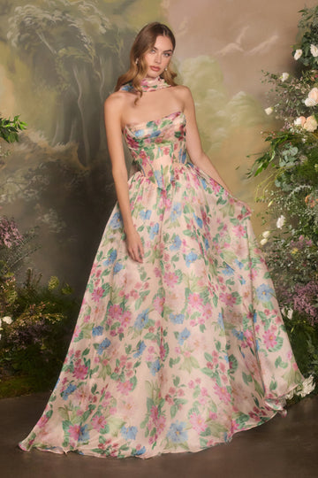 Floral Print Strapless Gown by Andrea and Leo A1425