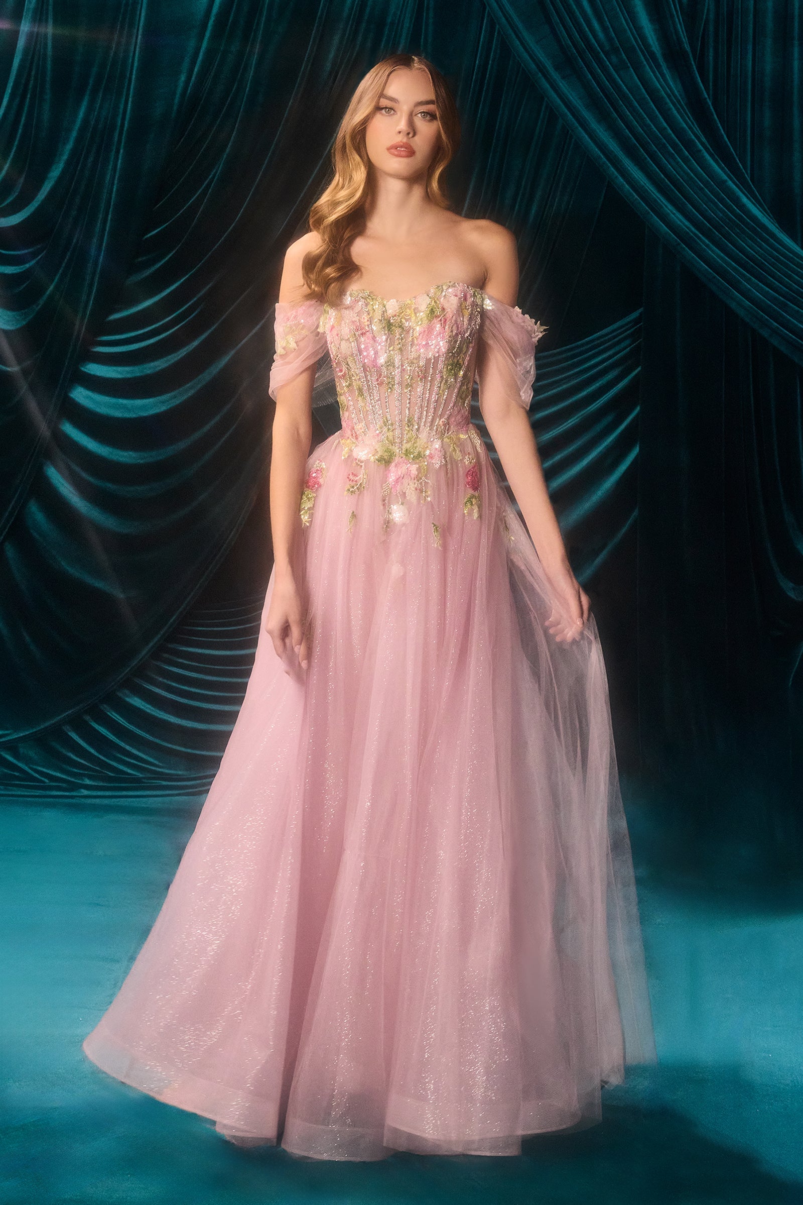 Applique Off Shoulder Gown by Andrea and Leo A1479