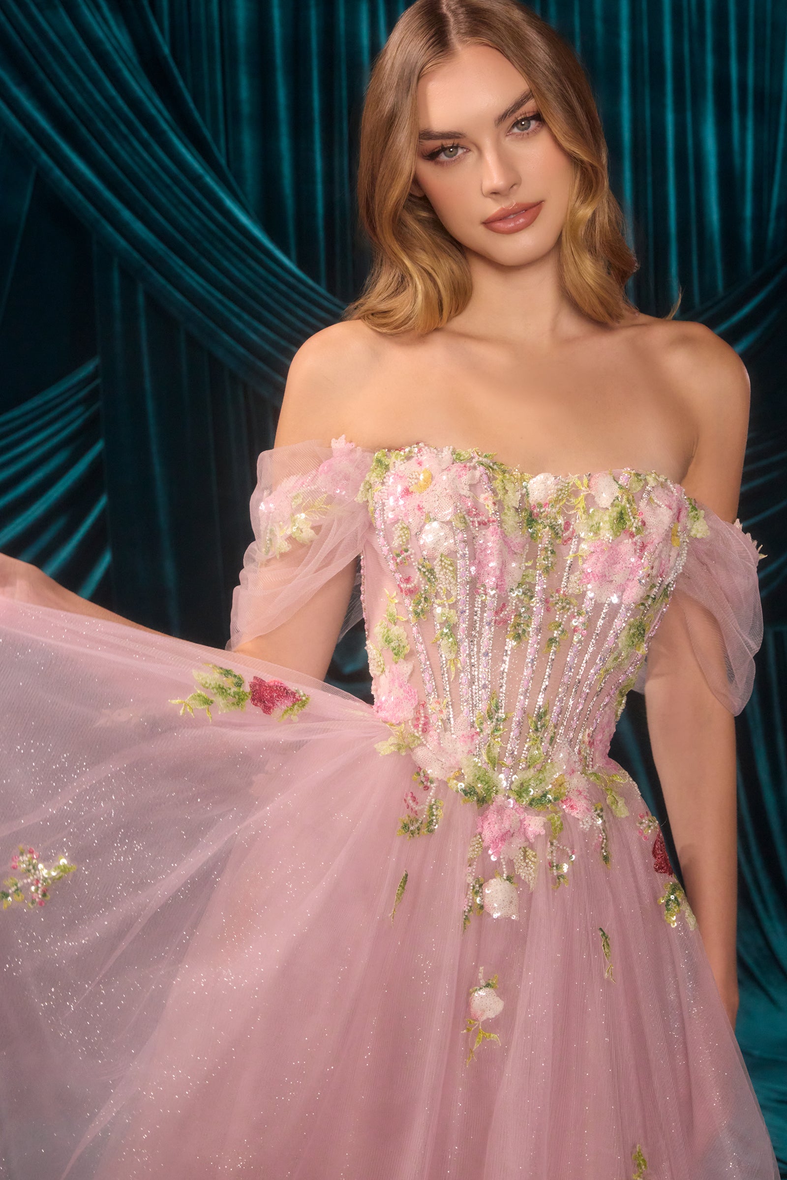 Applique Off Shoulder Gown by Andrea and Leo A1479