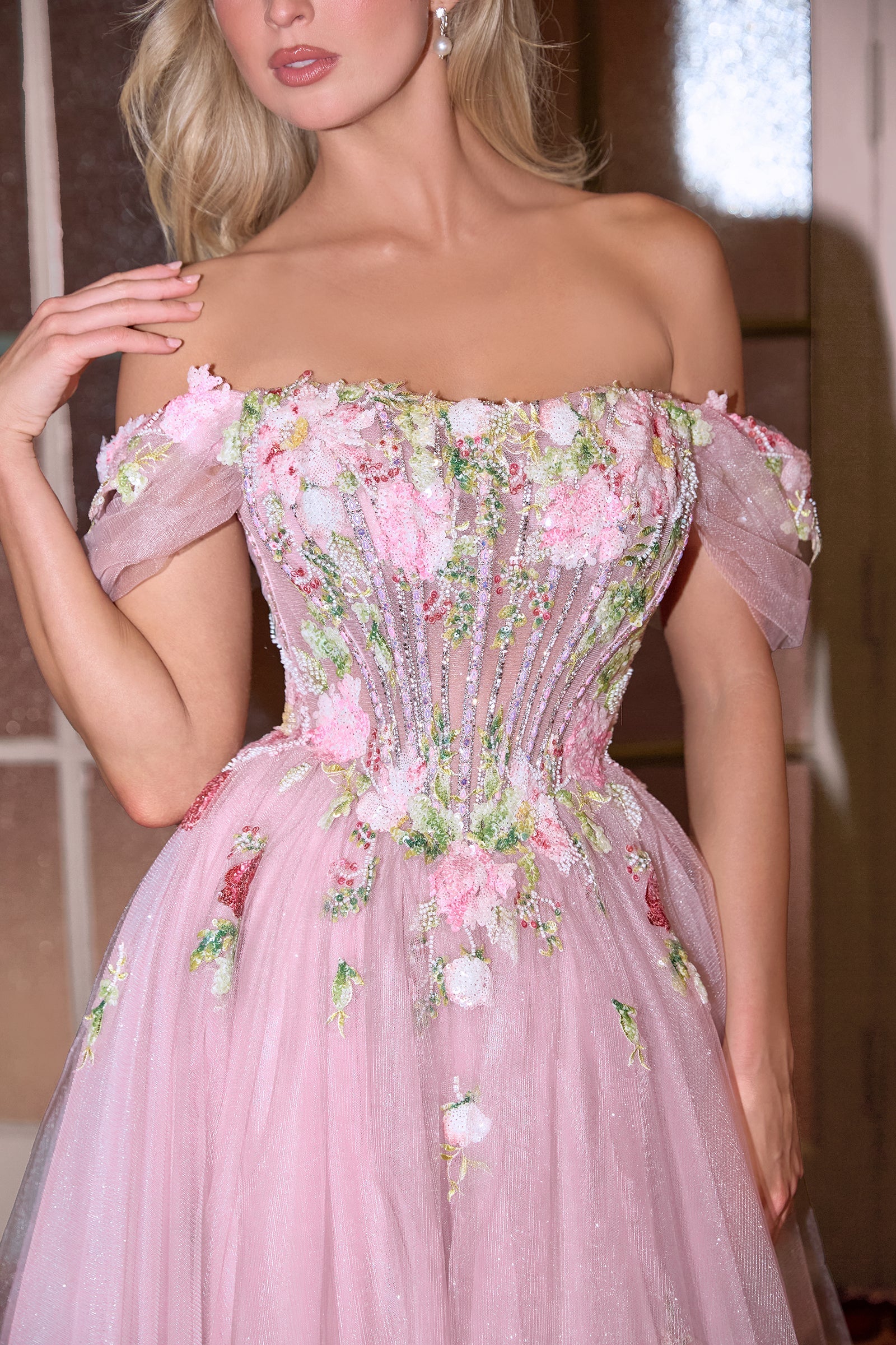 Floral Off Shoulder Gown by Andrea and Leo A1479