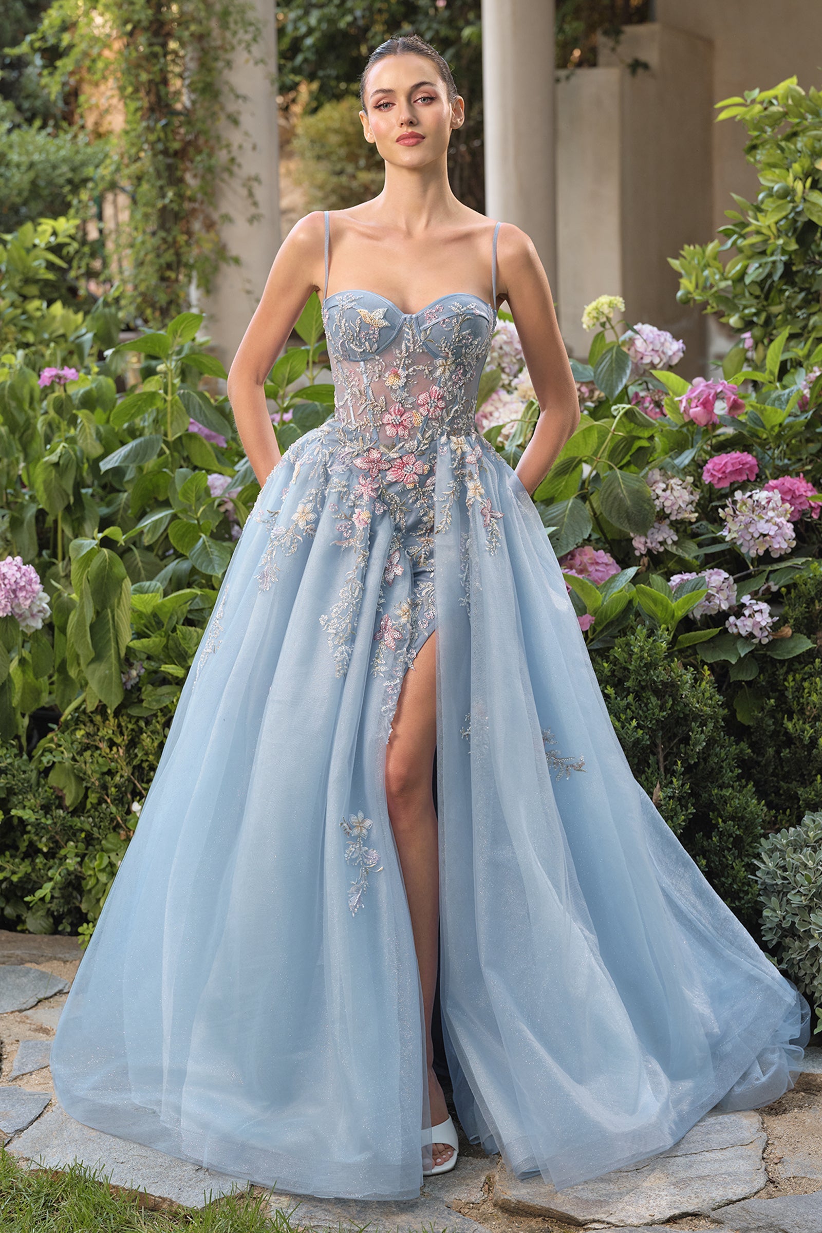 Applique A-line Slit Gown by Andrea and Leo A1490