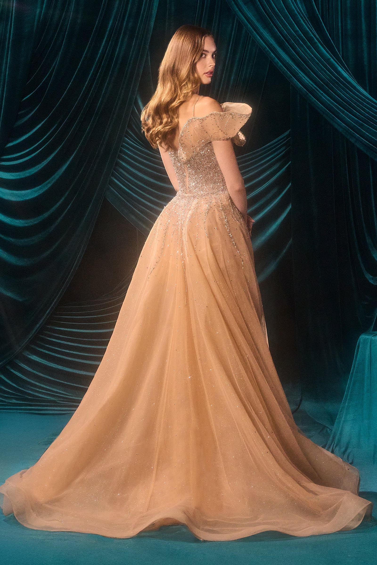 Off Shoulder Overskirt Gown by Andrea and Leo A1505