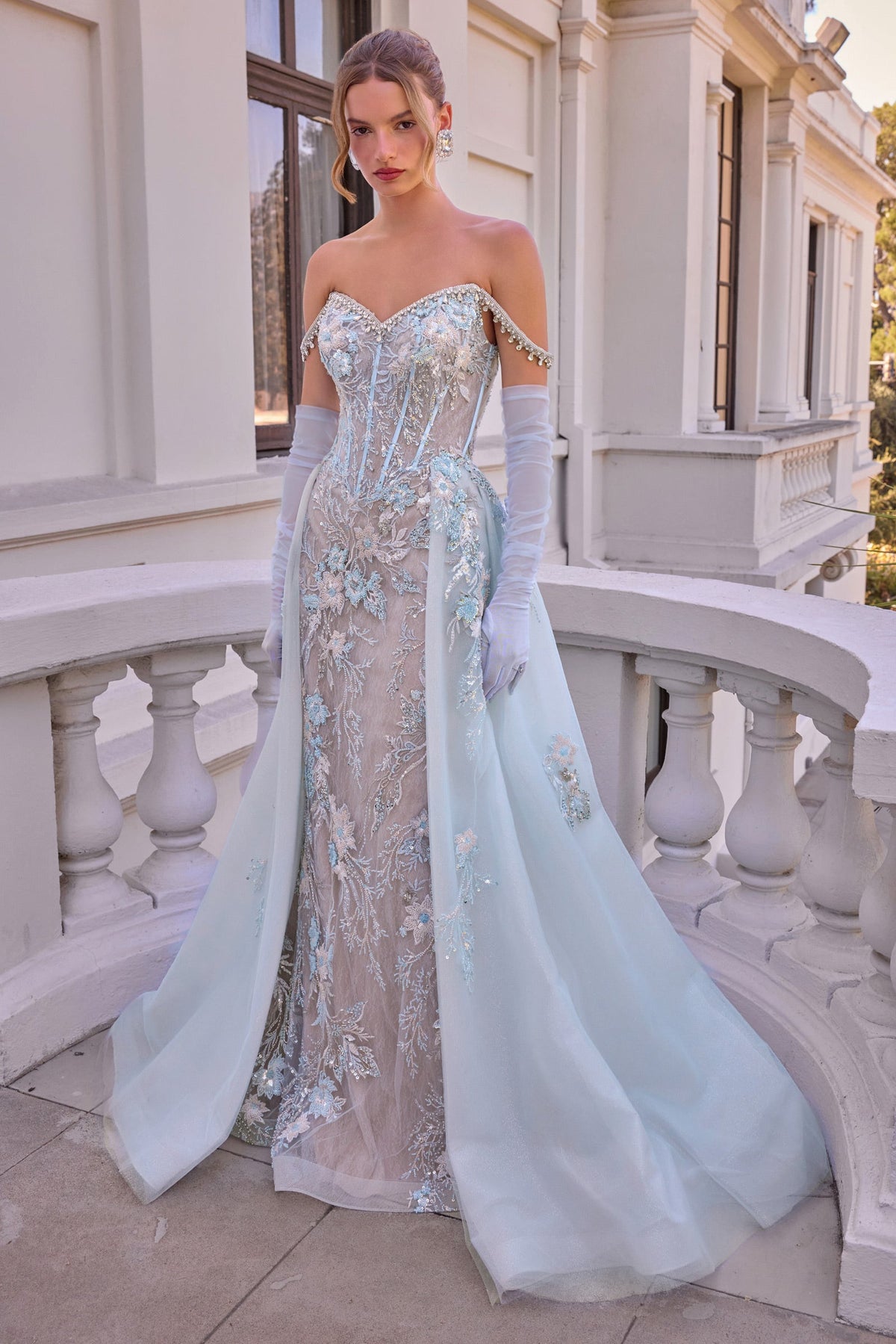 Elegant Off-the-Shoulder Overskirt Formal Gown | Andrea & Leo A1518