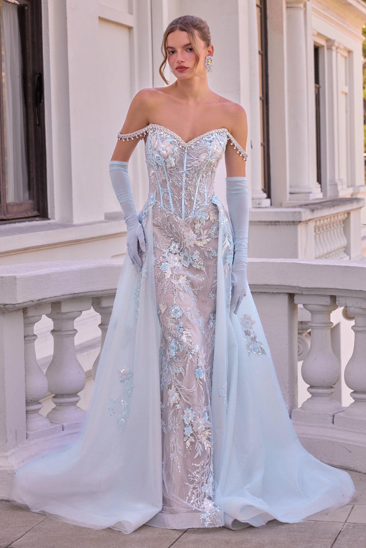Elegant Off-the-Shoulder Overskirt Formal Gown | Andrea & Leo A1518