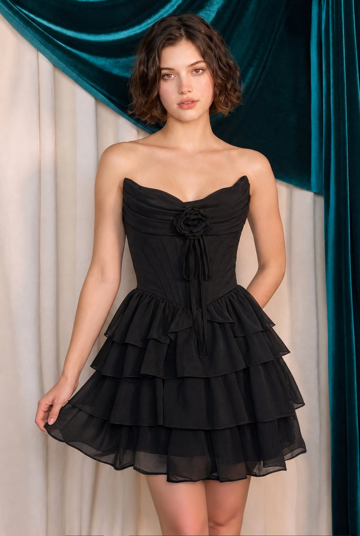 Short Strapless Tiered Evening Dress | Andrea & Leo A1521