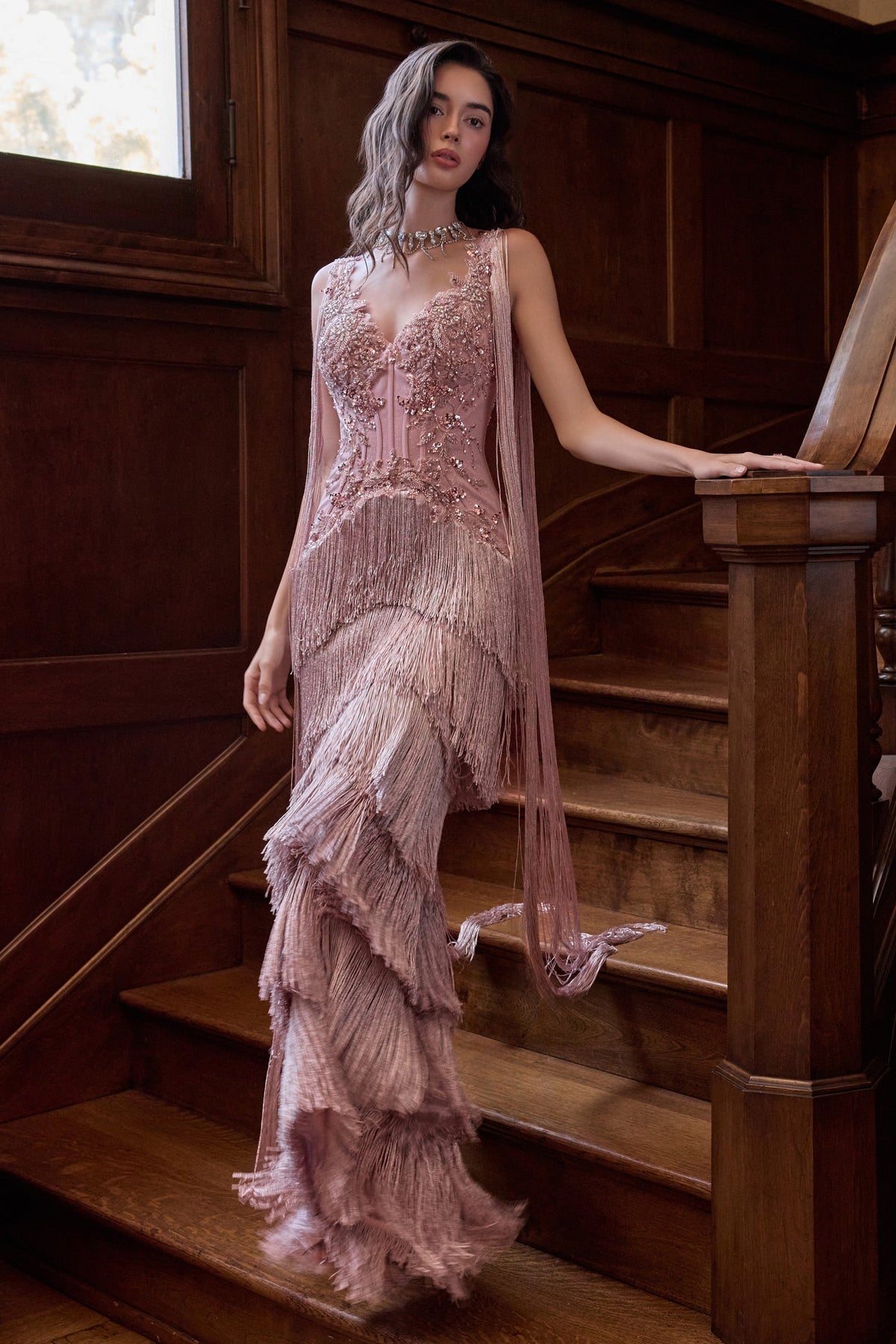 Beaded V-Neck Fringe Formal Gown | Andrea & Leo A1529