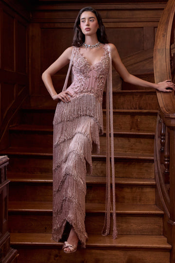 Beaded V-Neck Fringe Formal Gown | Andrea & Leo A1529