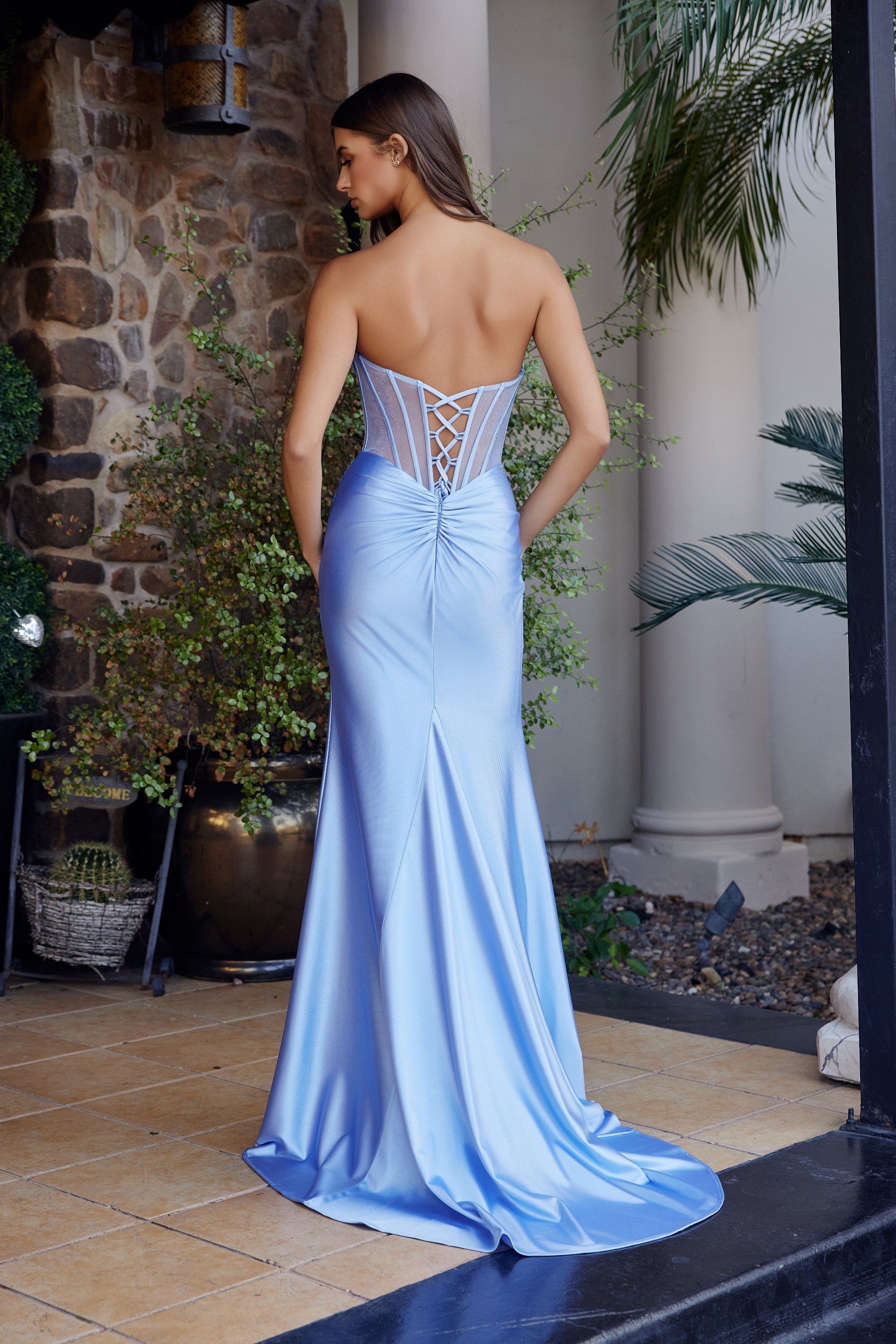 Beaded Satin Strapless Slit Gown by Nox Anabel A1737