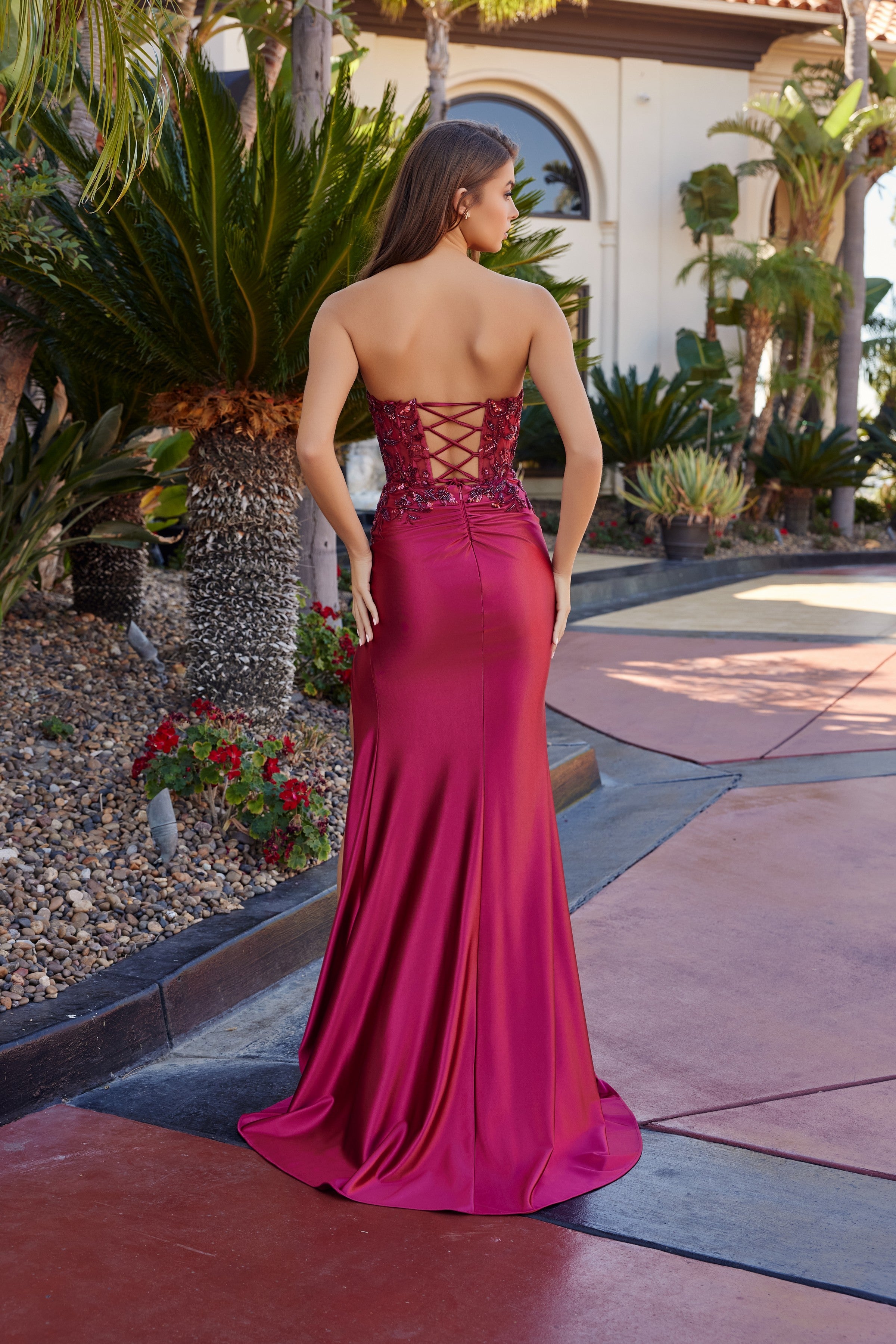 Sequin Applique Strapless Slit Gown by Nox Anabel A1743