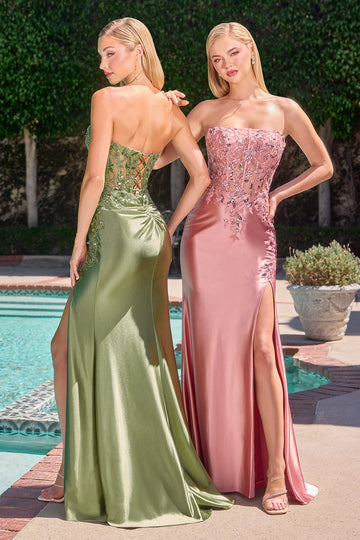 Applique Satin Strapless Slit Gown by Ladivine C168