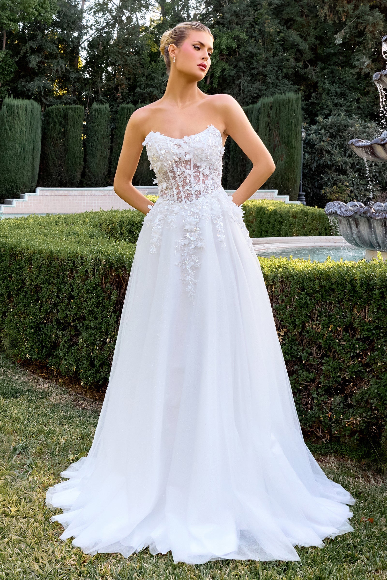 White 3D Floral Strapless A-line Gown by Ladivine C174W