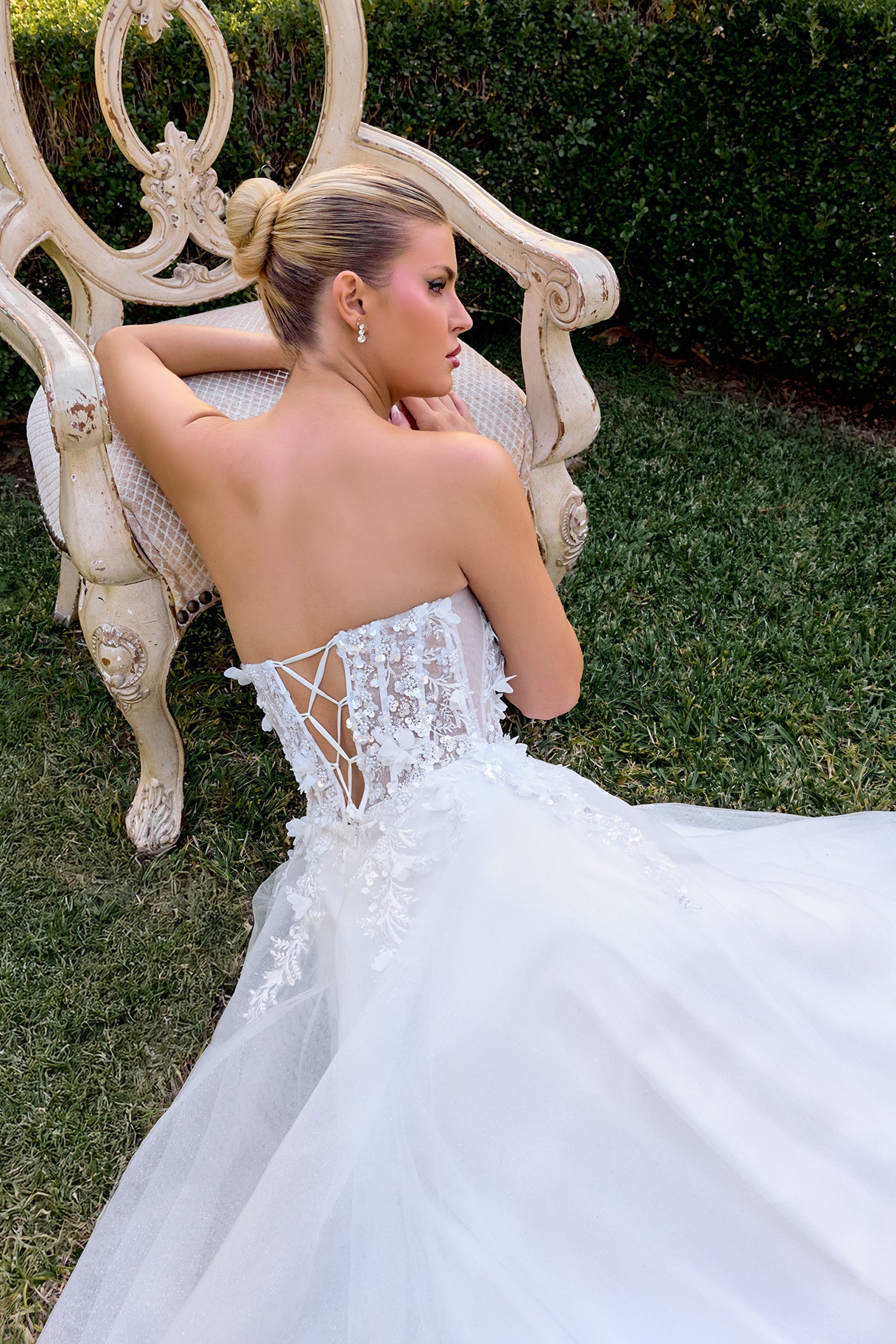 White 3D Floral Strapless A-line Gown by Ladivine C174W