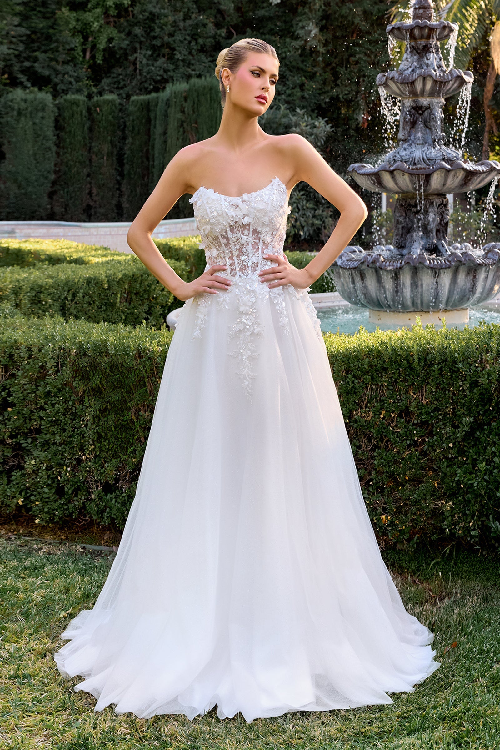 White 3D Floral Strapless A-line Gown by Ladivine C174W