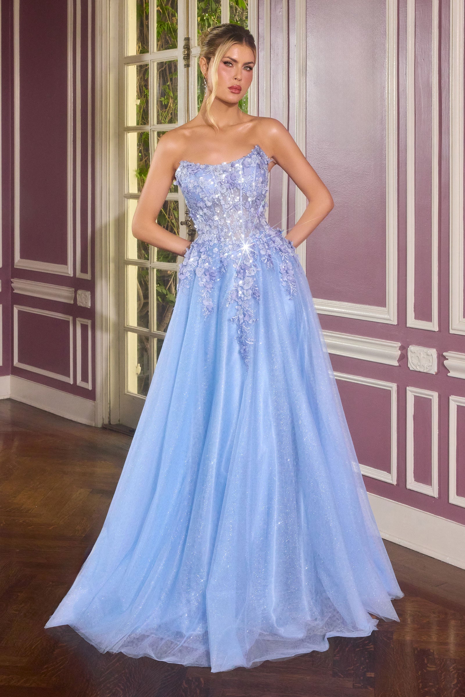 3D Floral Strapless A-line Gown by Ladivine C174