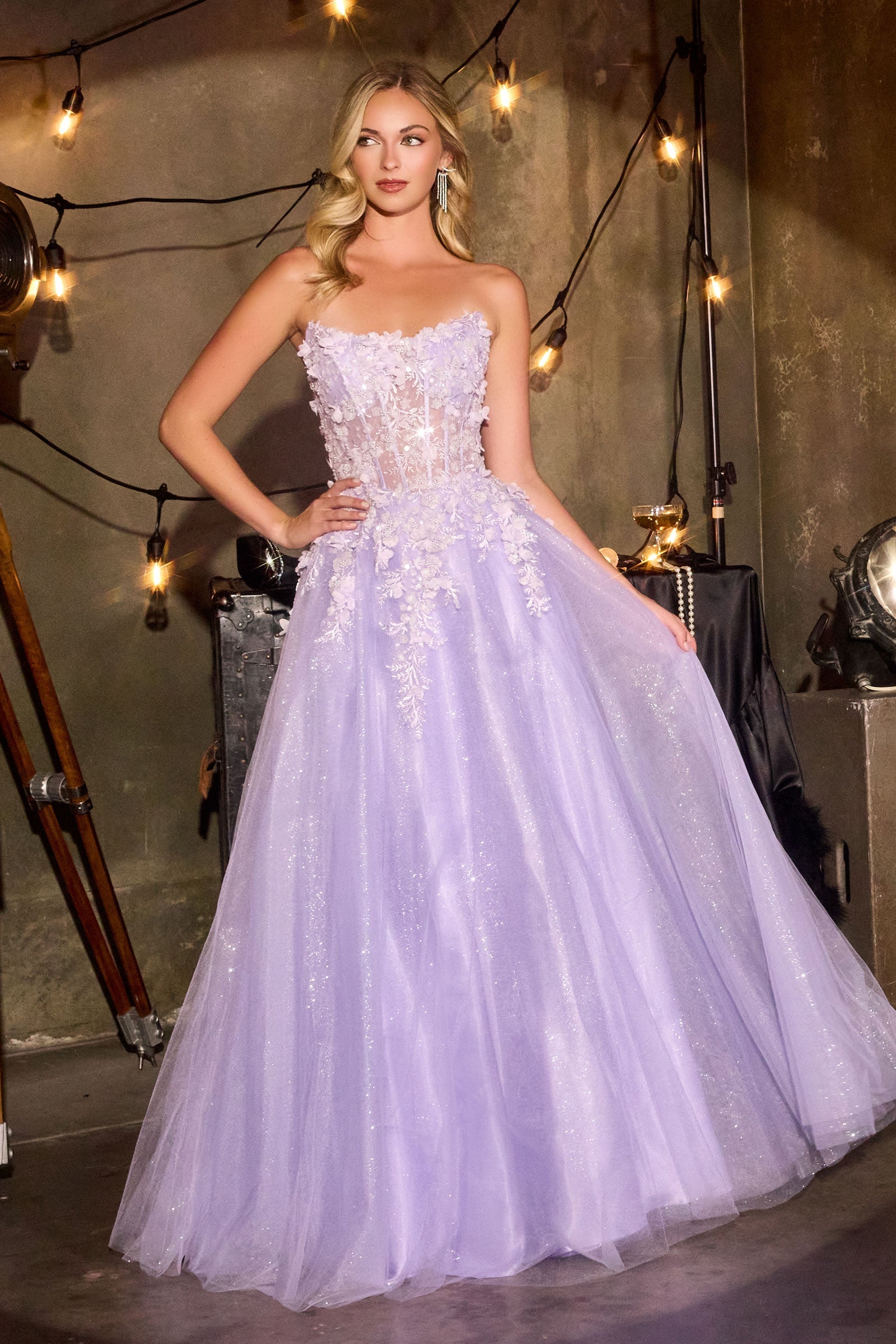 3D Floral Strapless A-line Gown by Ladivine C174
