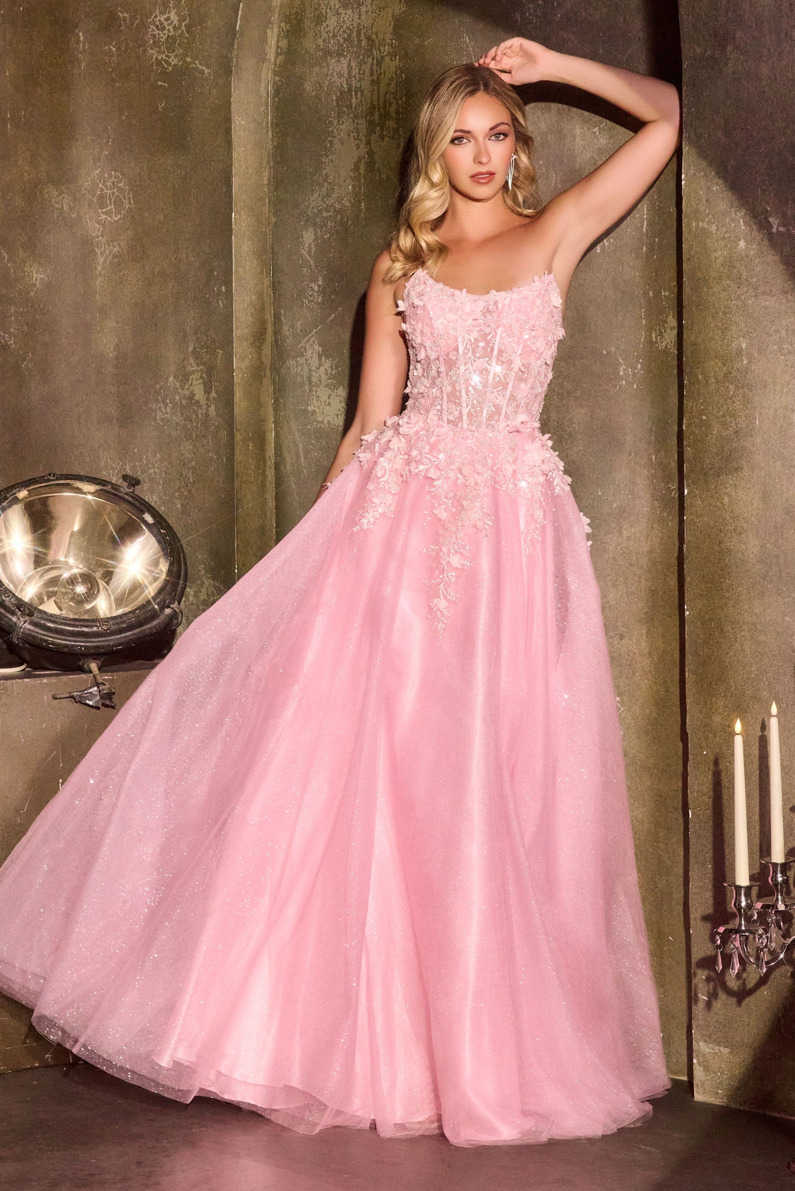 3D Floral Strapless A-line Gown by Ladivine C174