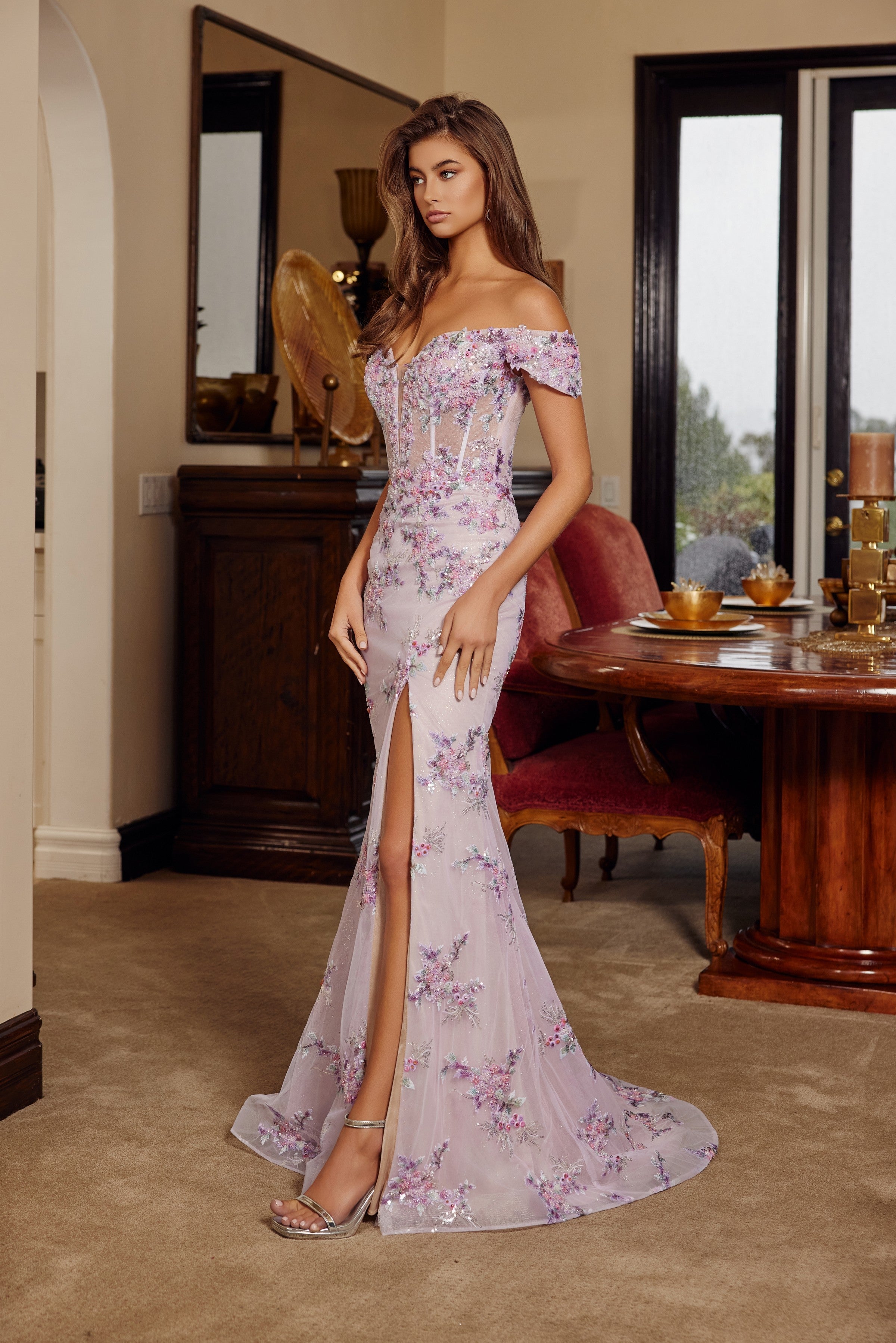 Applique Off Shoulder Slit Gown by Nox Anabel C1829