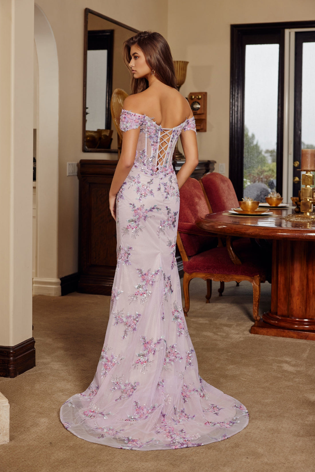 Applique Off Shoulder Slit Gown by Nox Anabel C1829