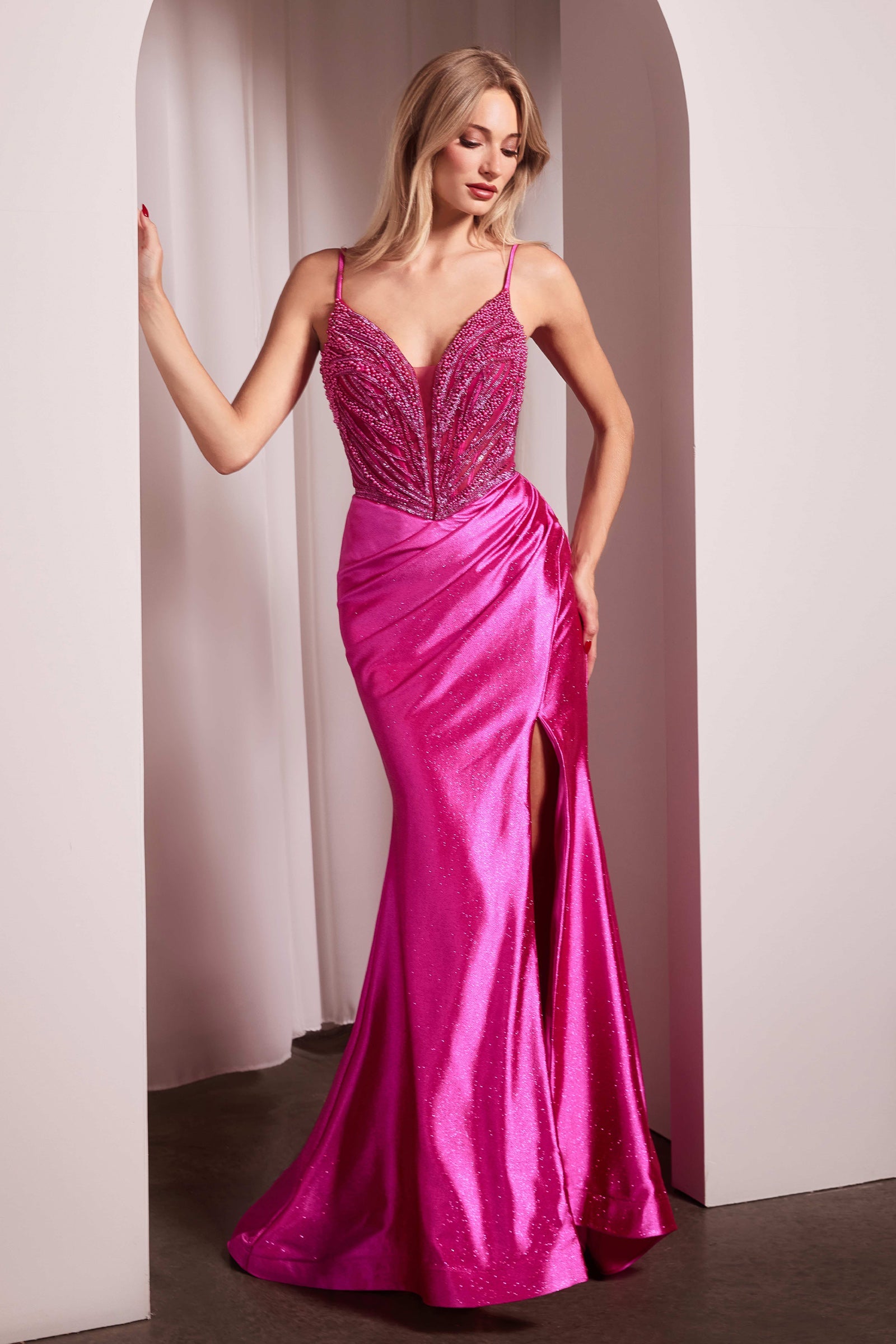 Pearl Beaded V-Neck Slit Gown by Ladivine CC0238 Cinderella Divine