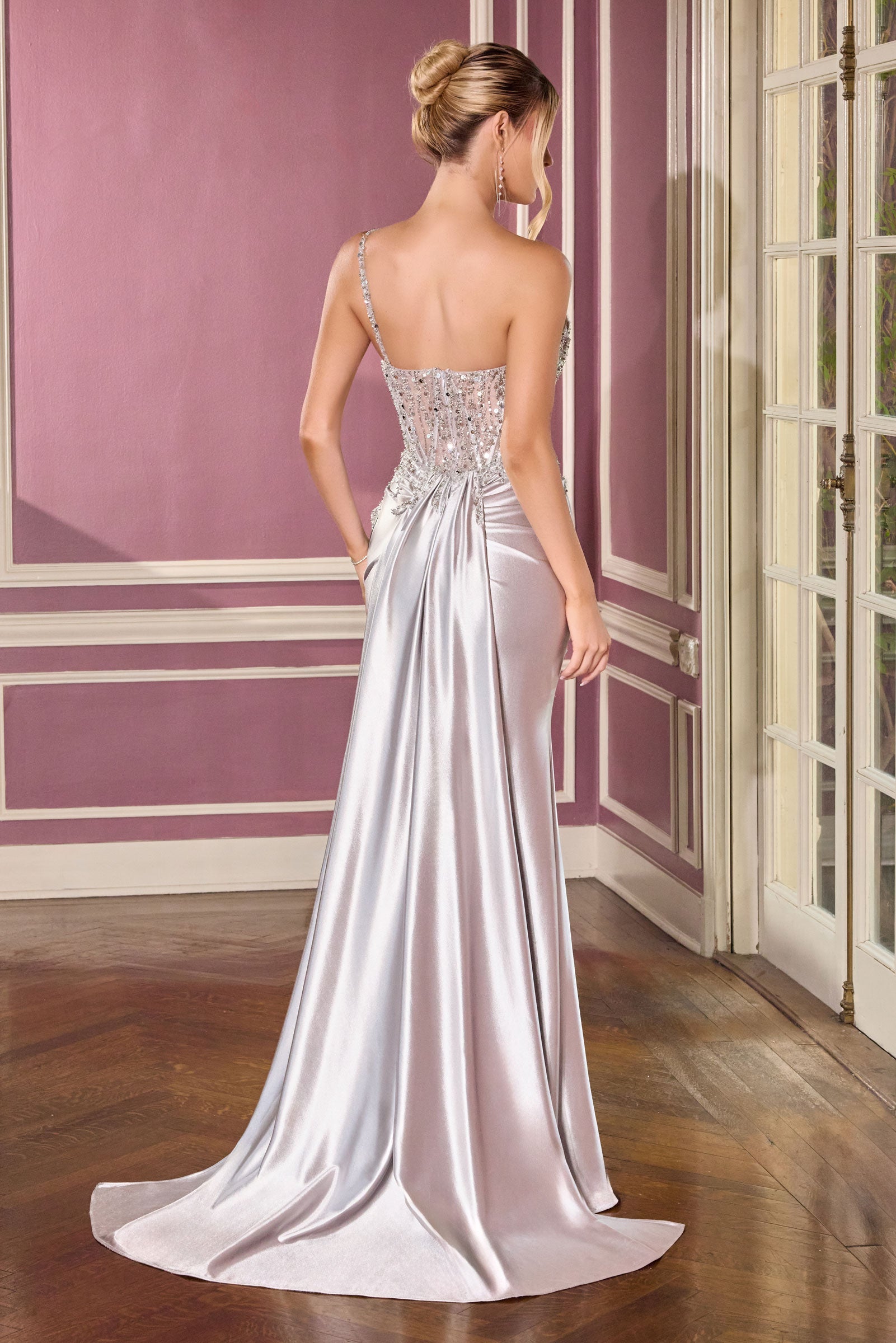 Beaded Satin One Shoulder Gown by Ladivine CC0329