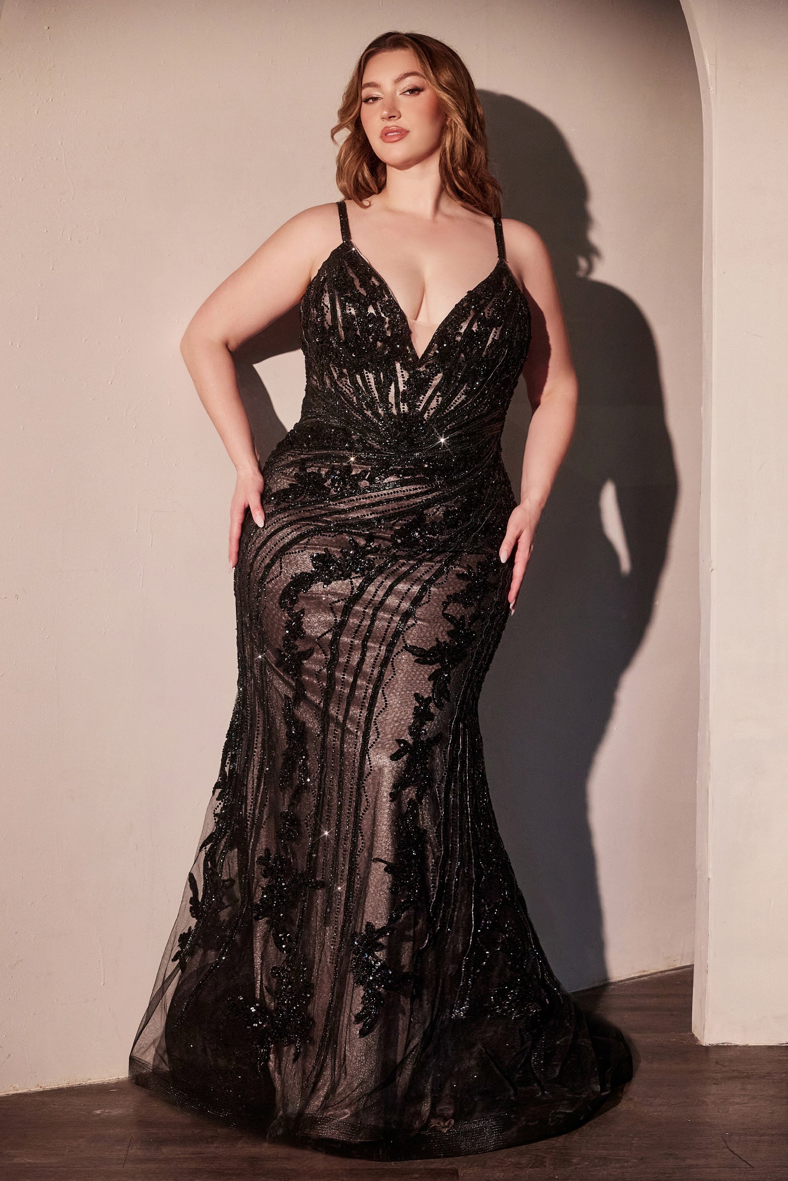 Beaded Fitted V-Neck Sheer Gown by Ladivine CC0389