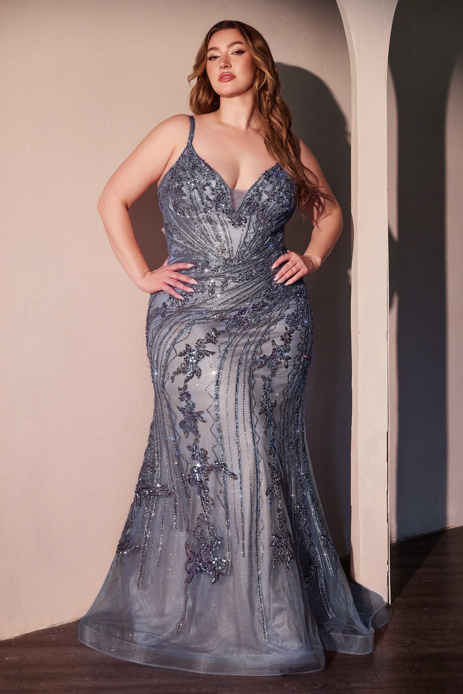 Beaded Plus Size V-Neck Gown by Ladivine CC0389C Cinderella Divine