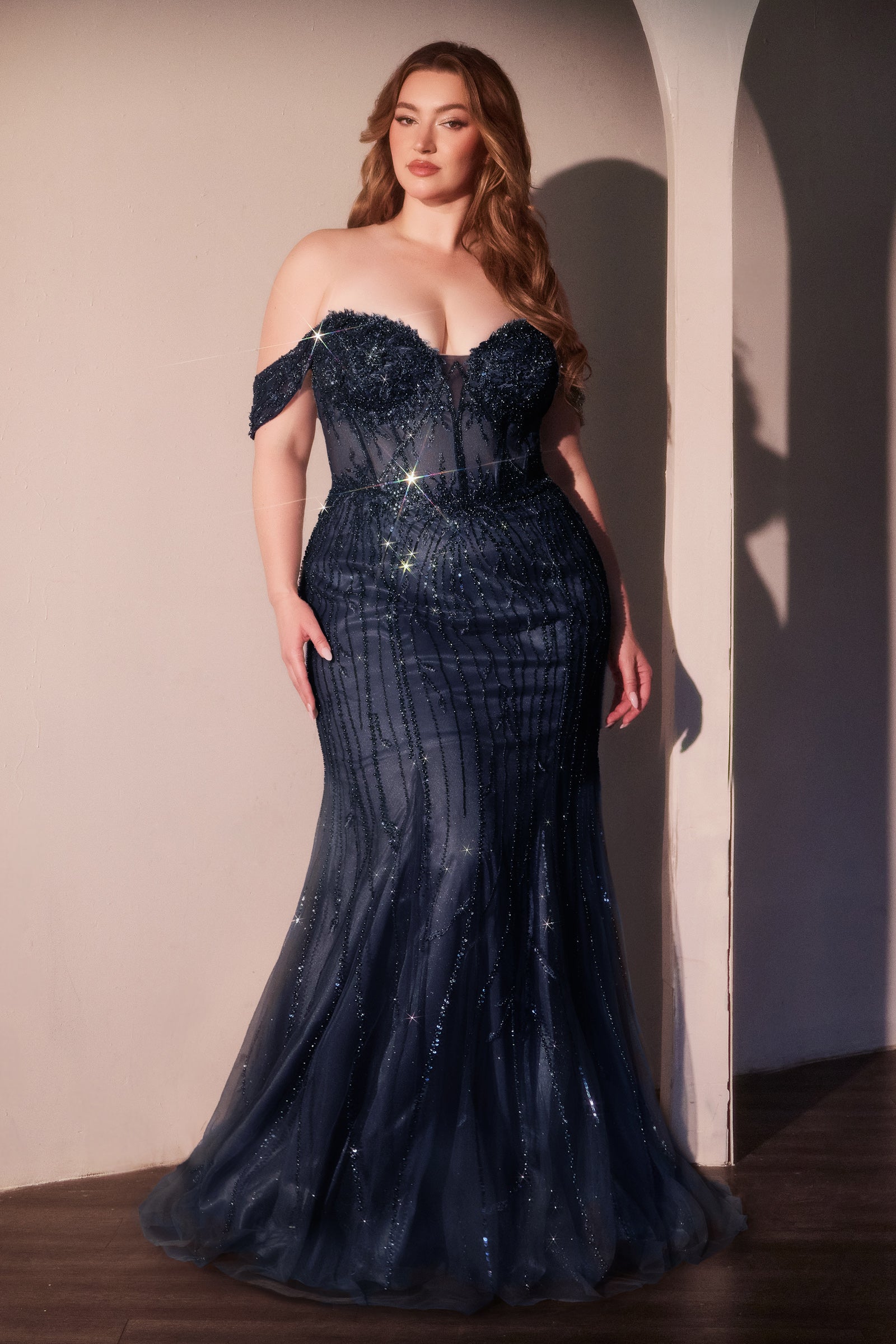 Plus Size Fitted Off Shoulder Gown by Ladivine CC341C Cinderella Divine