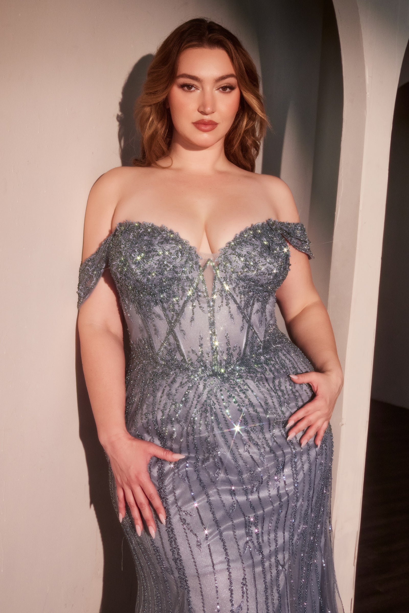 Plus Size Fitted Off Shoulder Gown by Ladivine CC341C Cinderella Divine