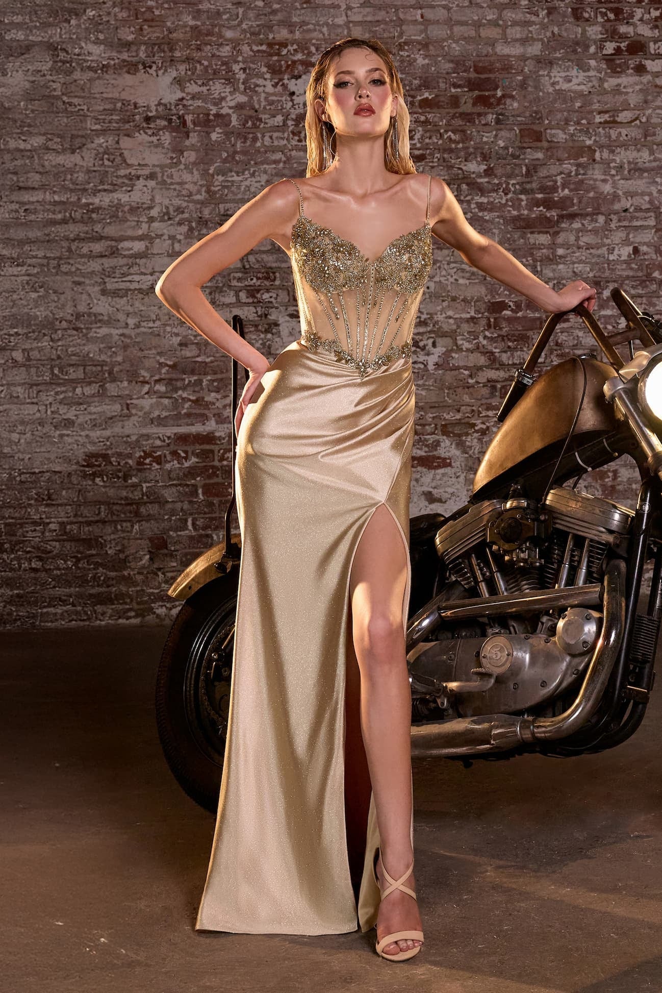 Glitter Satin V-Neck Slit Gown by Ladivine CC408 Cinderella Divine