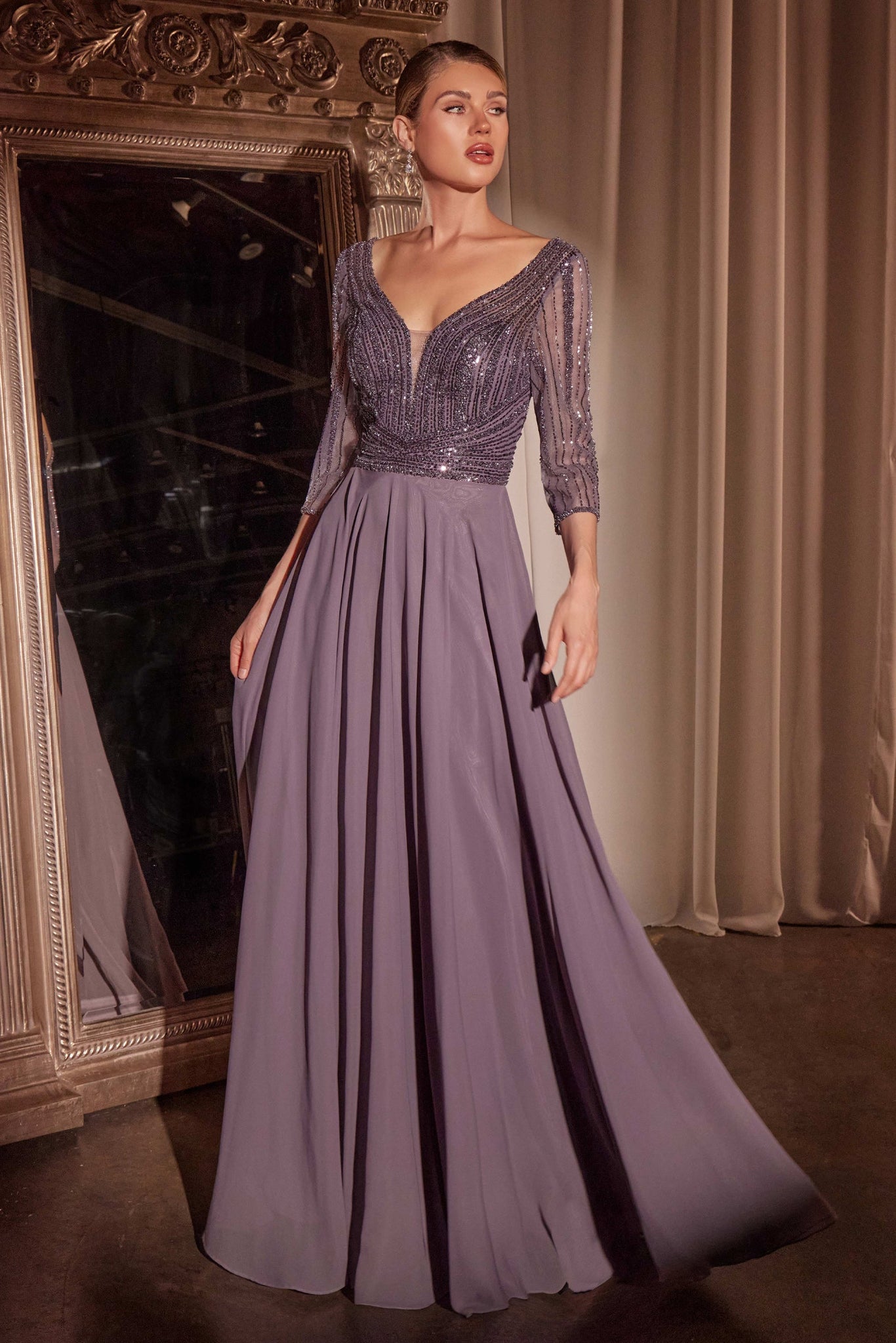 Chiffon 3/4 Sleeve A-line Gown by Ladivine CC446 Cinderella Divine