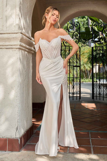 White Off Shoulder Slit Gown by Ladivine CC456W