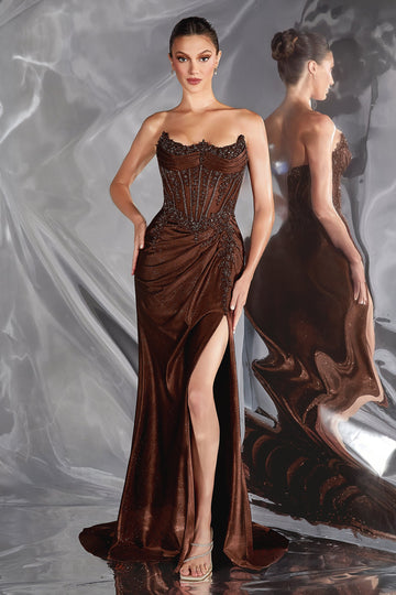 Glitter Satin Strapless Slit Gown by Ladivine CC463