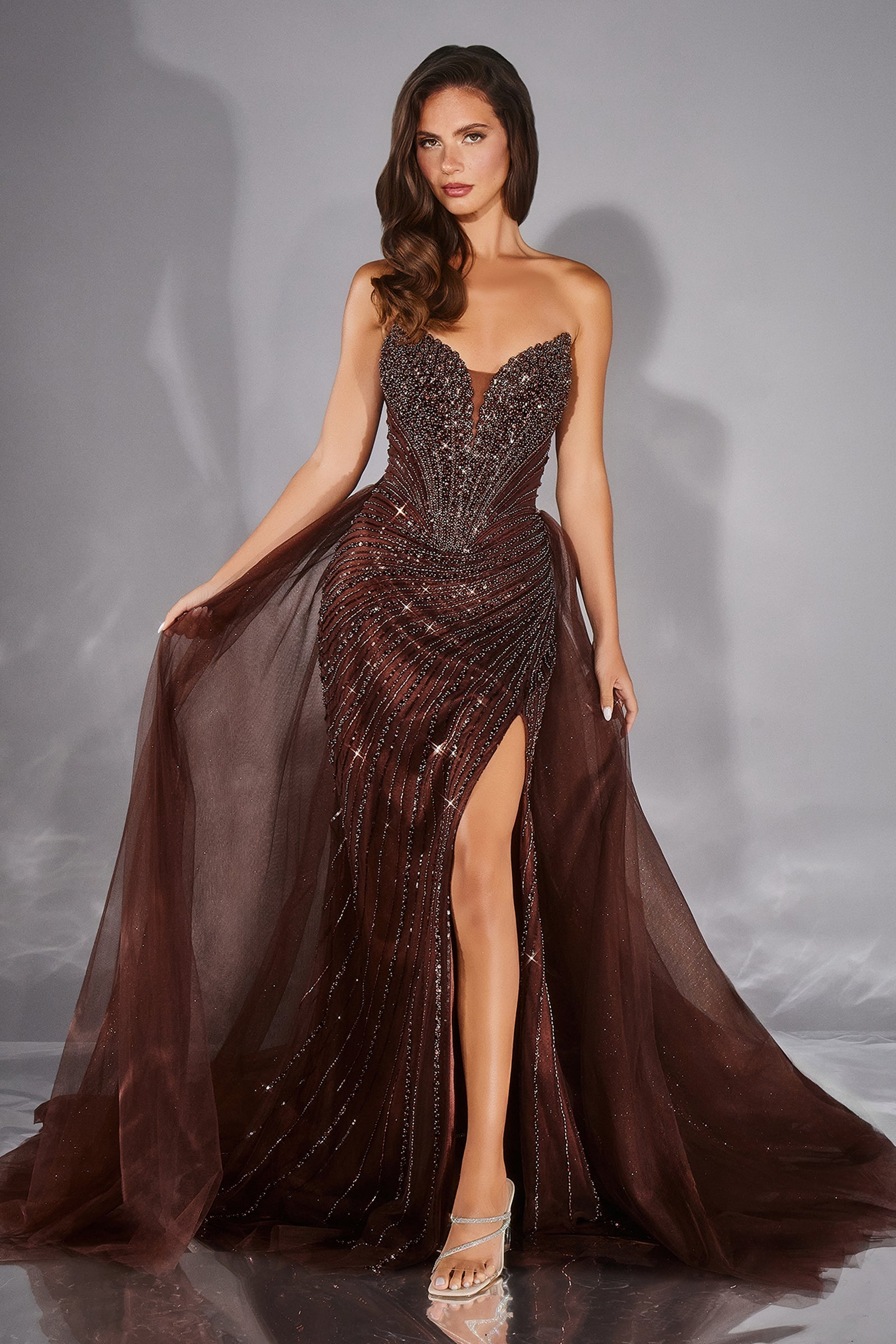 Beaded Strapless Overskirt Gown by Ladivine CC492