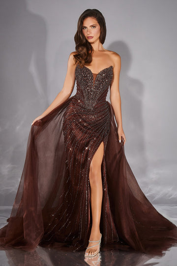 Beaded Strapless Overskirt Gown by Ladivine CC492