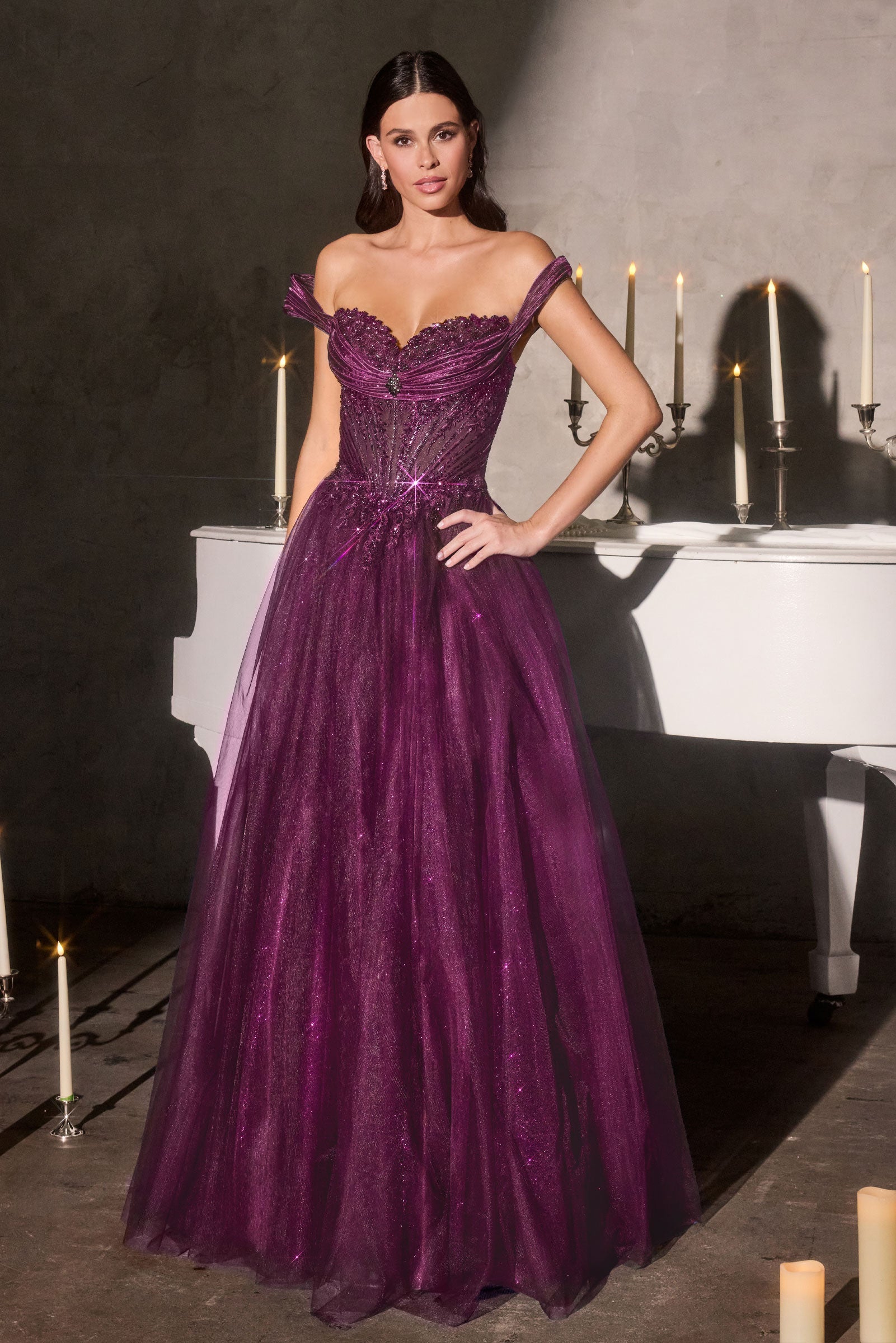 Glitter Off Shoulder A-line Gown by Ladivine CC493