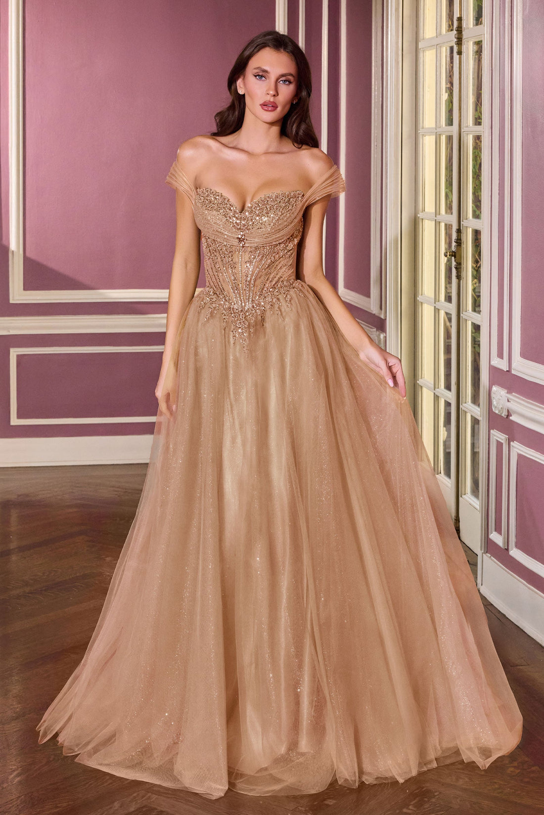 Glitter Off-the-Shoulder A-Line Gown | Ladivine by Cinderella Divine - Style LACC493